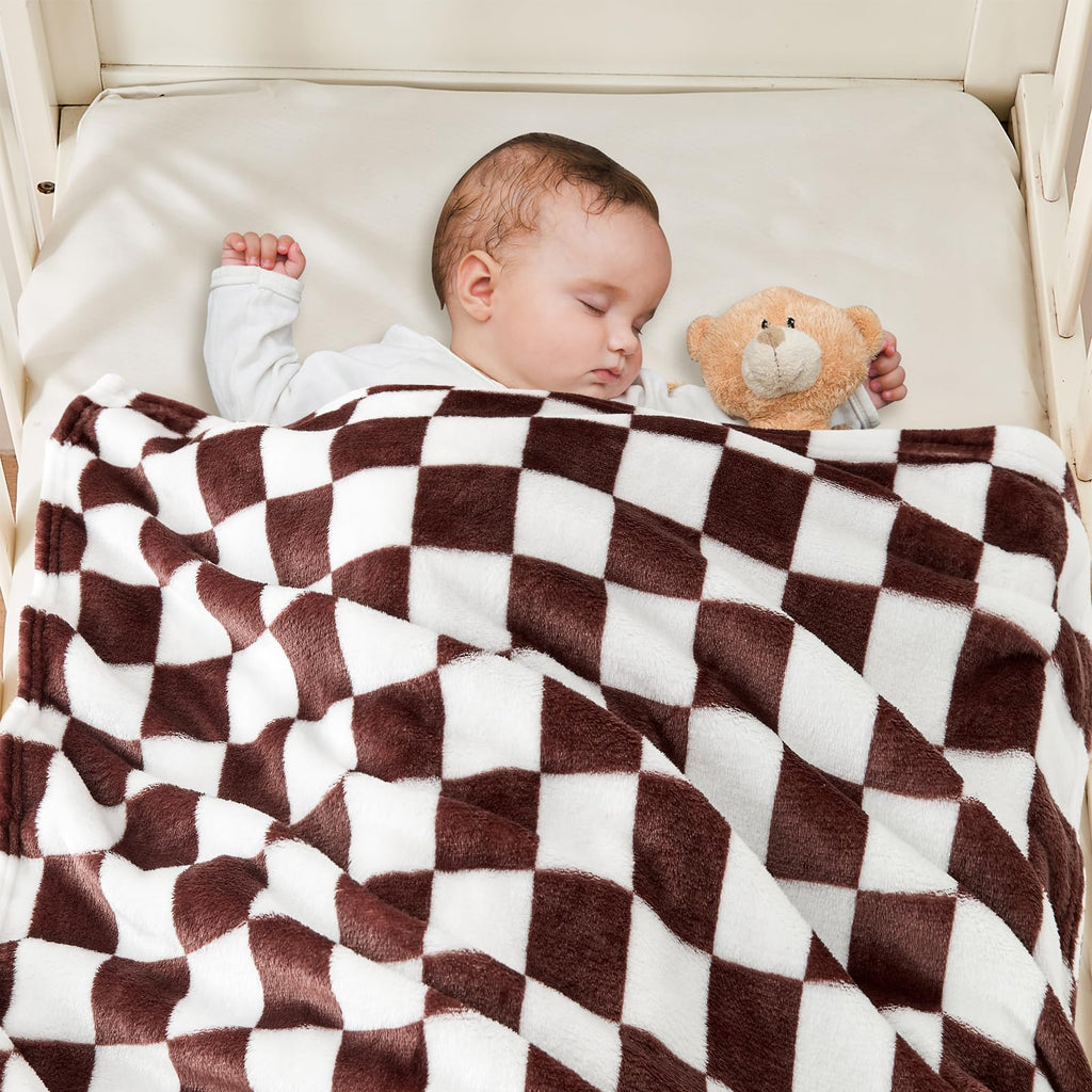 Yurhap Checkered Baby Blanket Fleece Baby Blankets Neutral for Boys Girls, Super Soft Warm Lightweight Infant Toddler Newborn Receiving Blankets for Crib Stroller, 30''x40'', Khaki