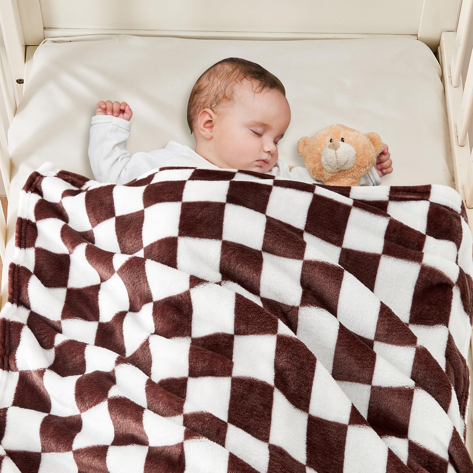 Yurhap Checkered Baby Blanket Fleece Baby Blankets Neutral for Boys Girls, Super Soft Warm Lightweight Infant Toddler Newborn Receiving Blankets for Crib Stroller, 30''x40'', Khaki