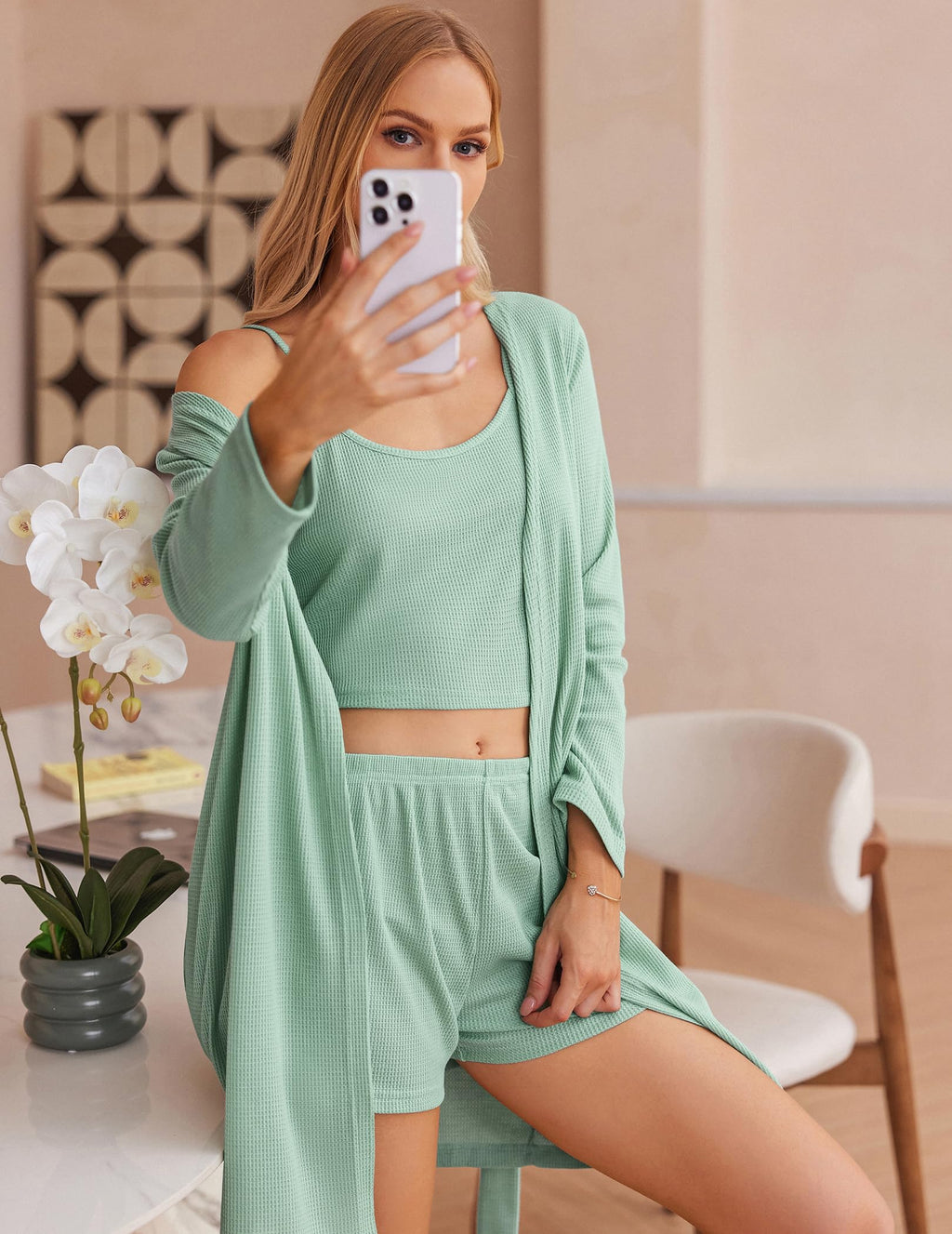 Ekouaer Womens 3 Piece Waffle Knit Lounge Set Soft Pajama Sets Tank Top and Shorts Cardigan with Pockets S-XXL