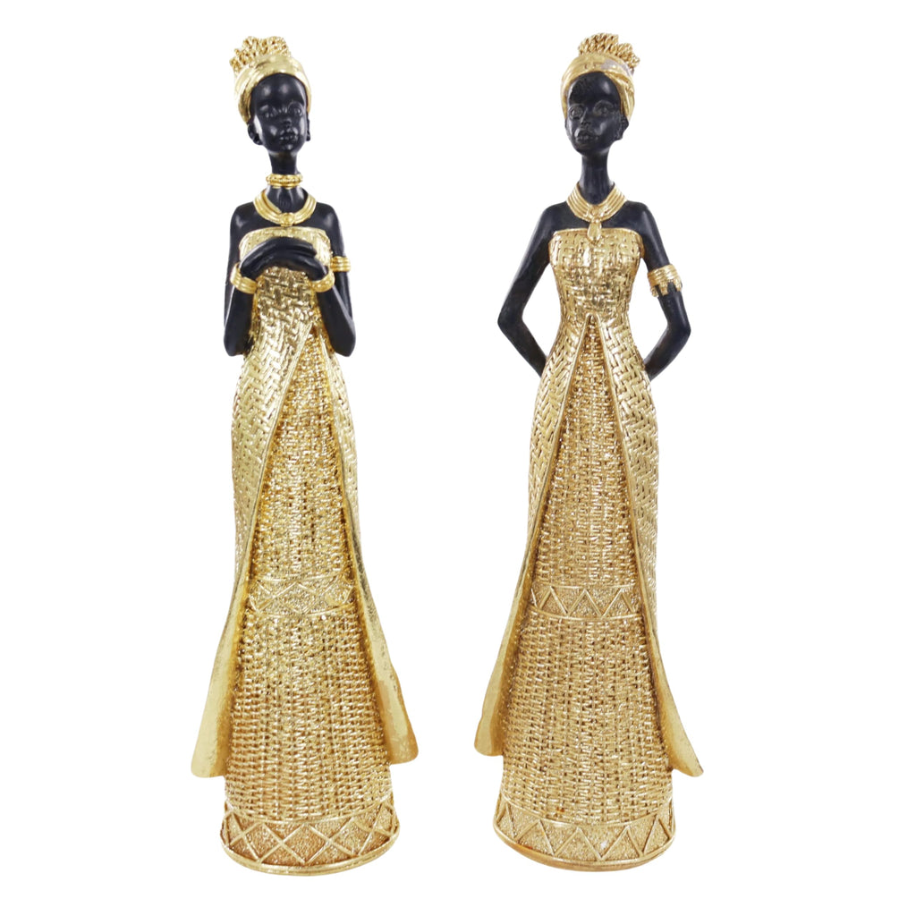 Set of 3 Resin African Woman Statues – Elegant Tribal Figurines in Gold Dresses, Afrocentric Home Decor Sculptures for Living Room, Bookshelf, Gift