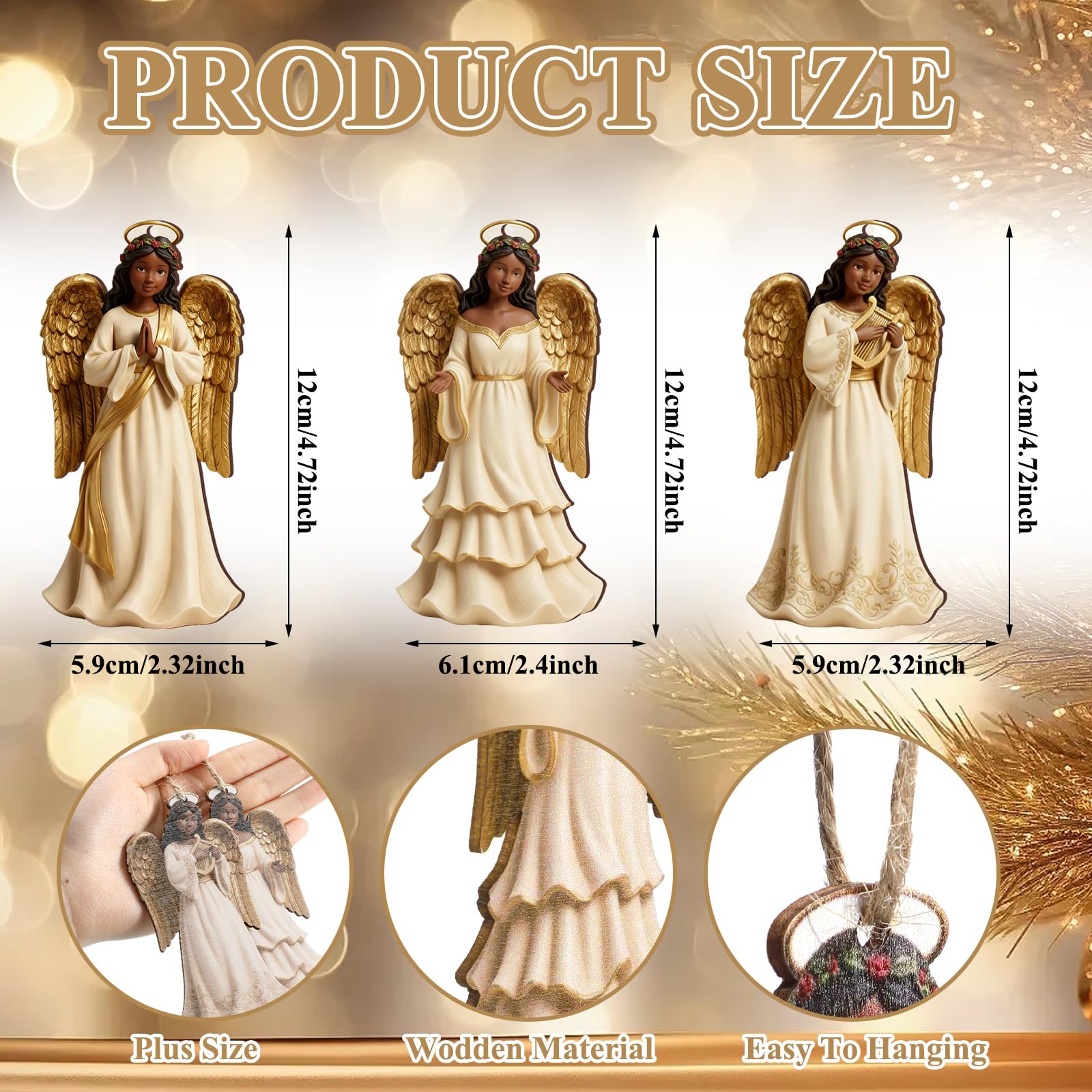 Youyole 24 Pcs Christmas Decoration African American Angel Ornaments with Cardinal Black Angel Ornaments Xmas Wooden Decor Gift for Christmas Tree Fireplace Office Holiday Decor (Wings)