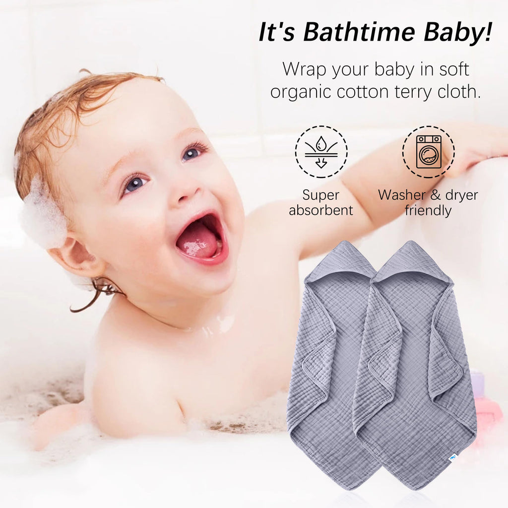 SWEET DOLPHIN Muslin Hooded Baby Bath Towels - 2 Pack 100% Cotton Towel for Babies, Infants, Toddlers - 32x32Inch - Highly Absorbent and Newborn Essential, Light Bean Paste