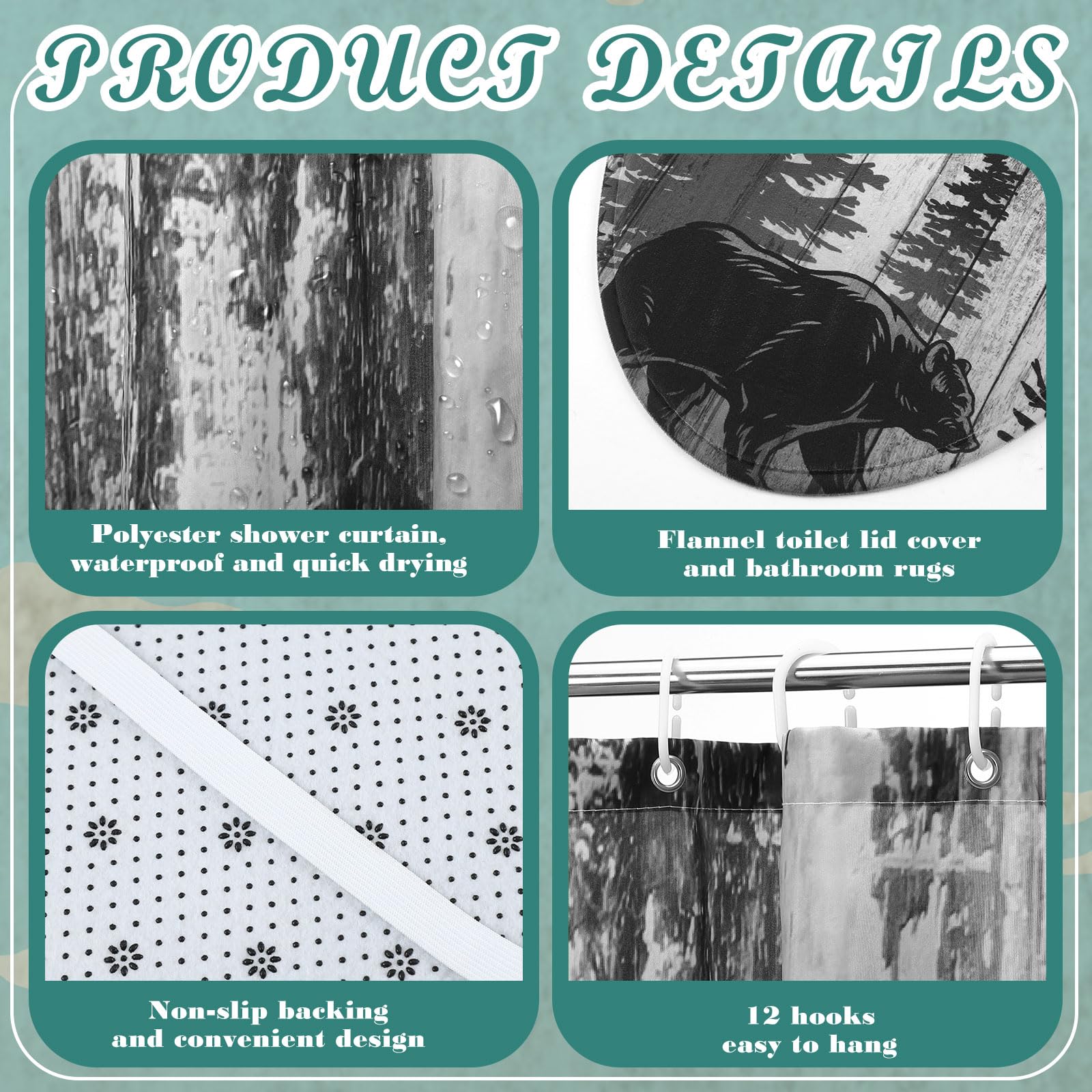 Honoson 8 Pcs Christmas Black Santa Claus Shower Curtain Set with Rugs and Kitchen Towels African American Retro Christmas Bathroom Decor Black Santa Curtain Decorations Xmas Farmhouse Gifts