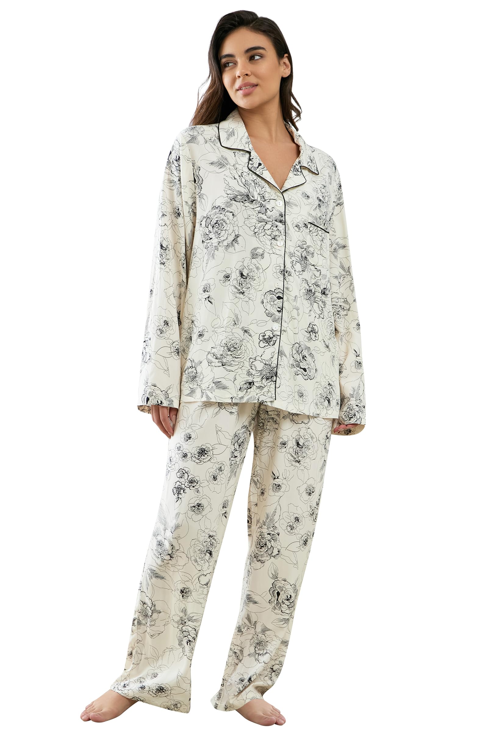 Womens Pajamas Set 2 Piece Long Sleeve Sleepwear Button Down Pjs Lounge Set Nightwear with Pockets