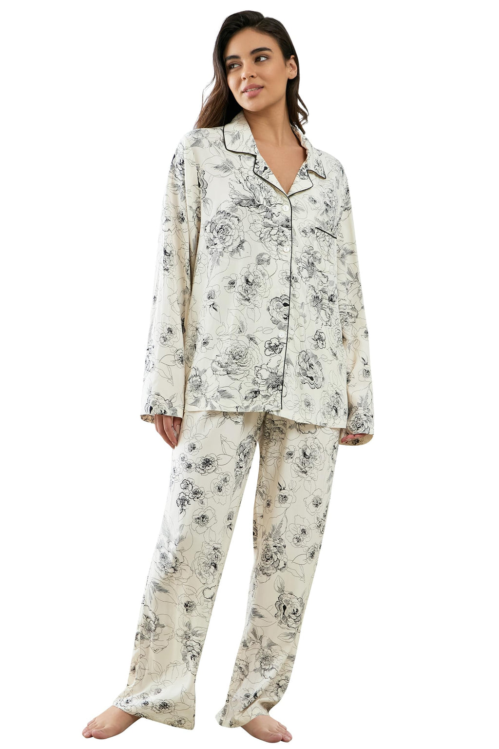 Womens Pajamas Set 2 Piece Long Sleeve Sleepwear Button Down Pjs Lounge Set Nightwear with Pockets
