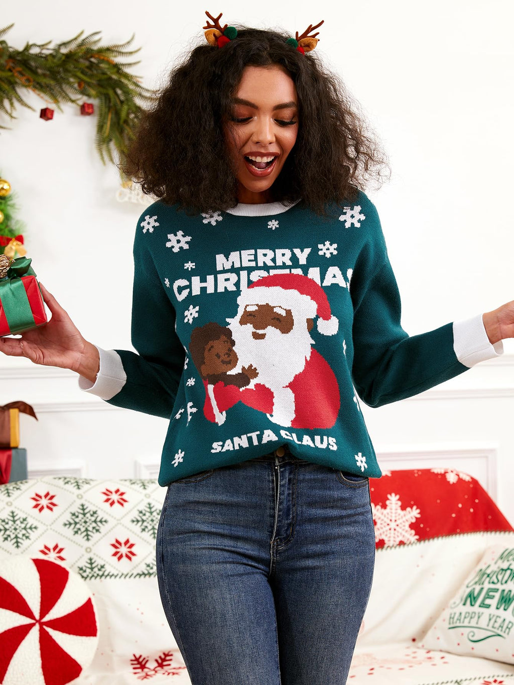 Yimoon Black Santa Christmas Sweater for Women African American Festive Holiday Kwanzaa Ugly Xmas Sweater for Adult