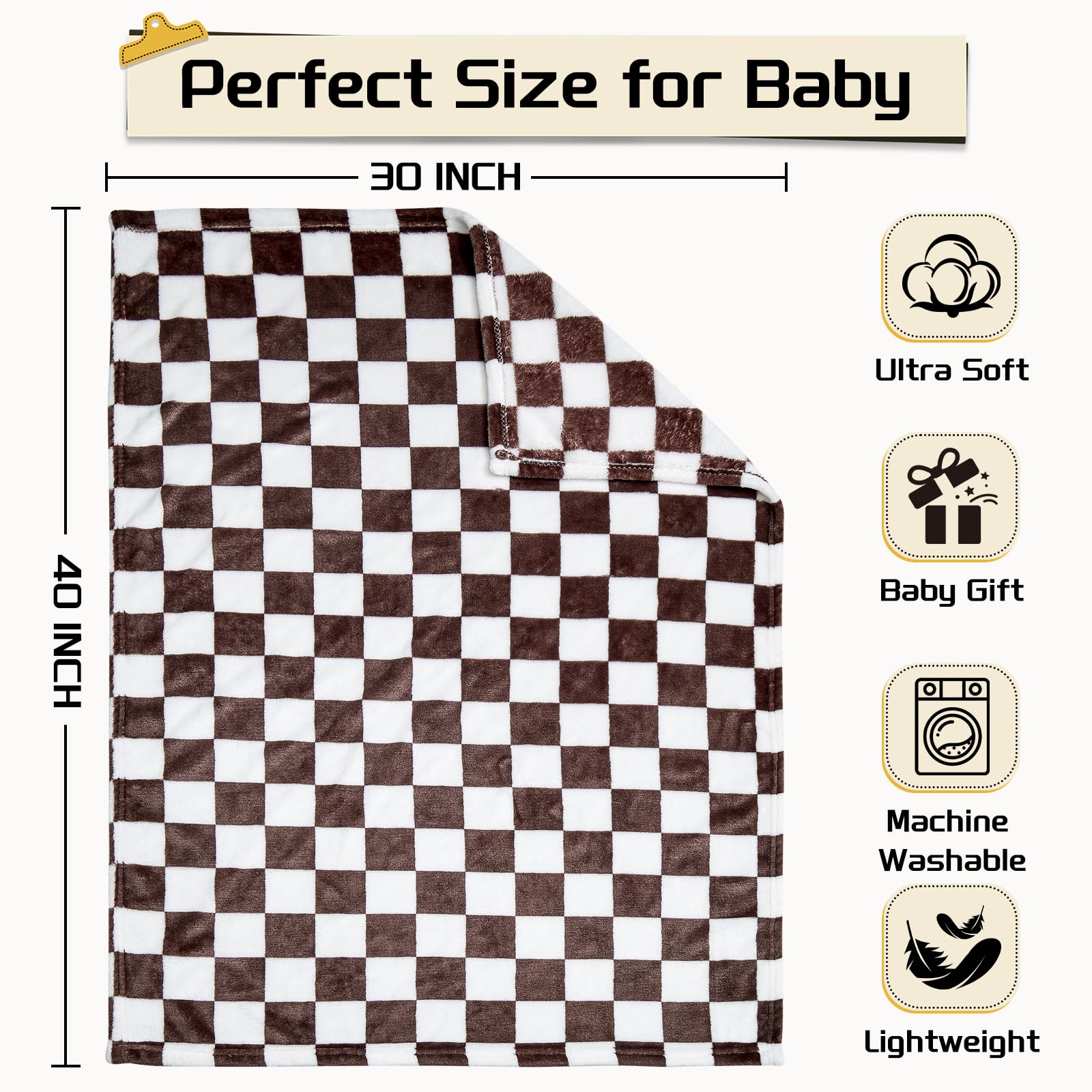 Yurhap Checkered Baby Blanket Fleece Baby Blankets Neutral for Boys Girls, Super Soft Warm Lightweight Infant Toddler Newborn Receiving Blankets for Crib Stroller, 30''x40'', Khaki