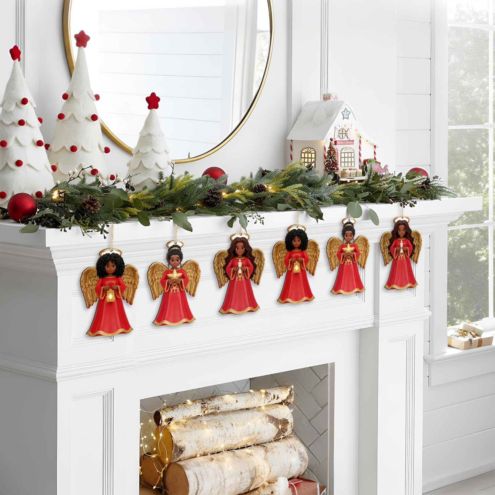 Youyole 24 Pcs Christmas Decoration African American Angel Ornaments with Cardinal Black Angel Ornaments Xmas Wooden Decor Gift for Christmas Tree Fireplace Office Holiday Decor (Wings)