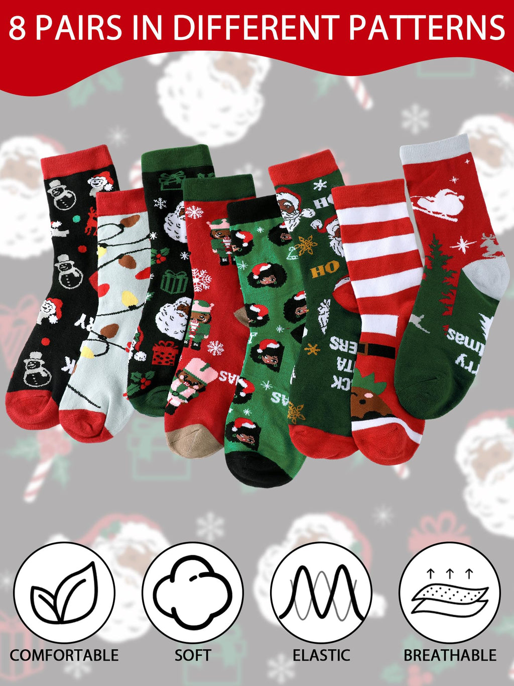 8 Pairs Novelty Black Santa Christmas Socks Funny African American Santa Crew Socks for Christmas Stocking Stuffers