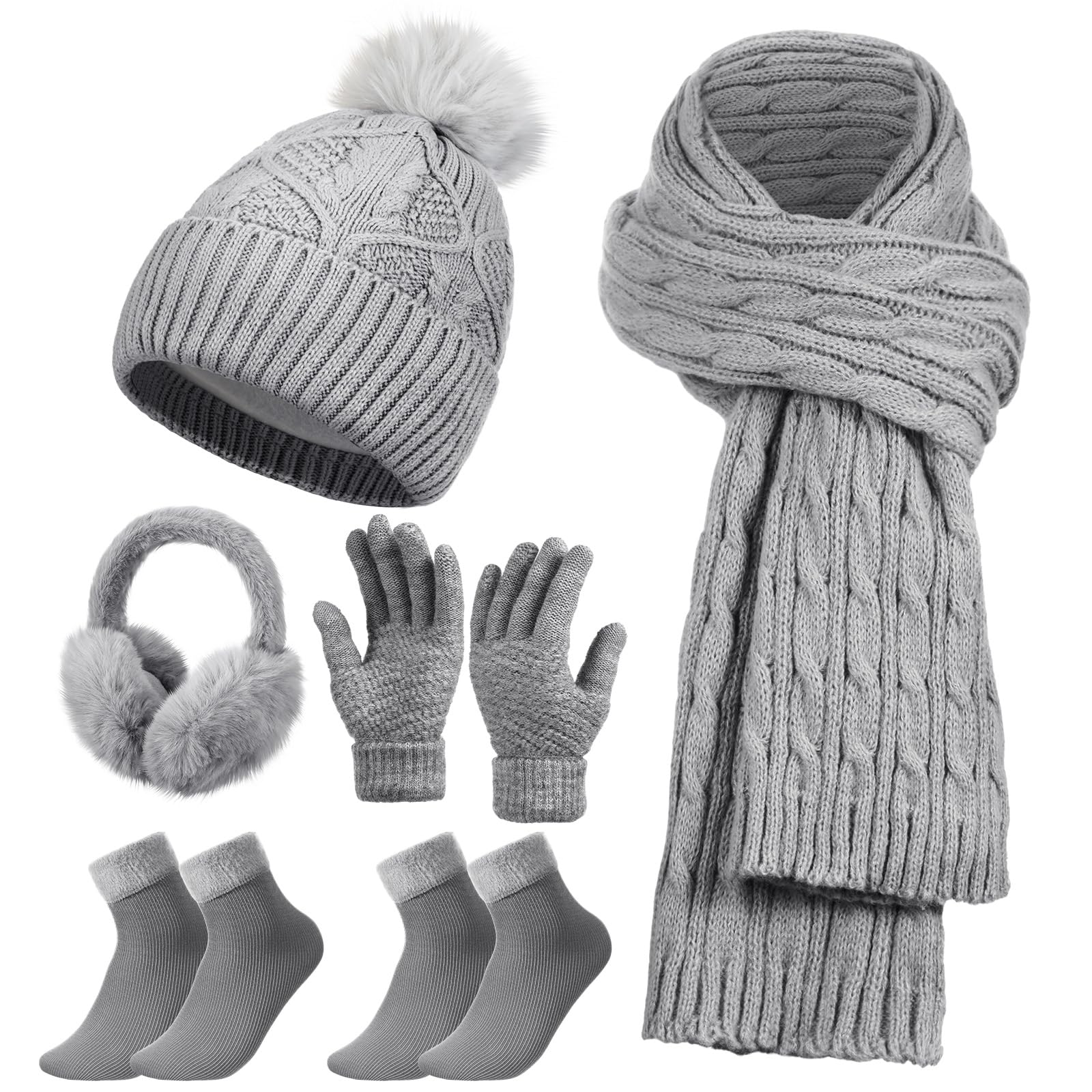 Geyoga 6 Pcs Winter Warm Set for Women Warm Beanies Hats Touchscreen Gloves Long Scarf Ear Muffs Socks Winter Gifts for Women