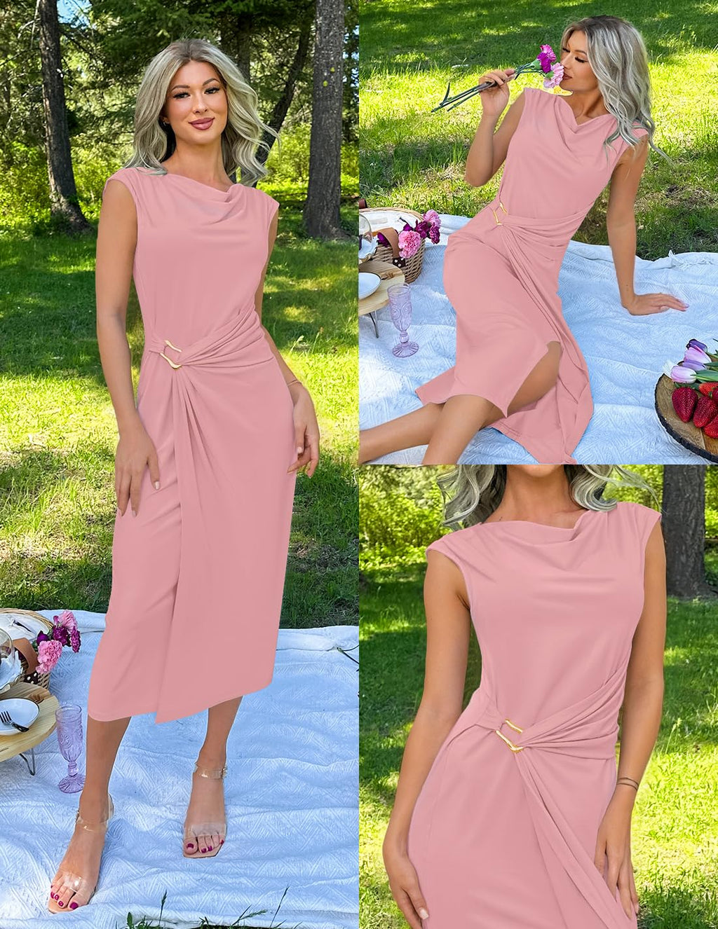 ZESICA Women's 2025 Summer Mock Neck Casual Bodycon Dress Cap Sleeve Elegant Cocktail Party Long Midi Dresses