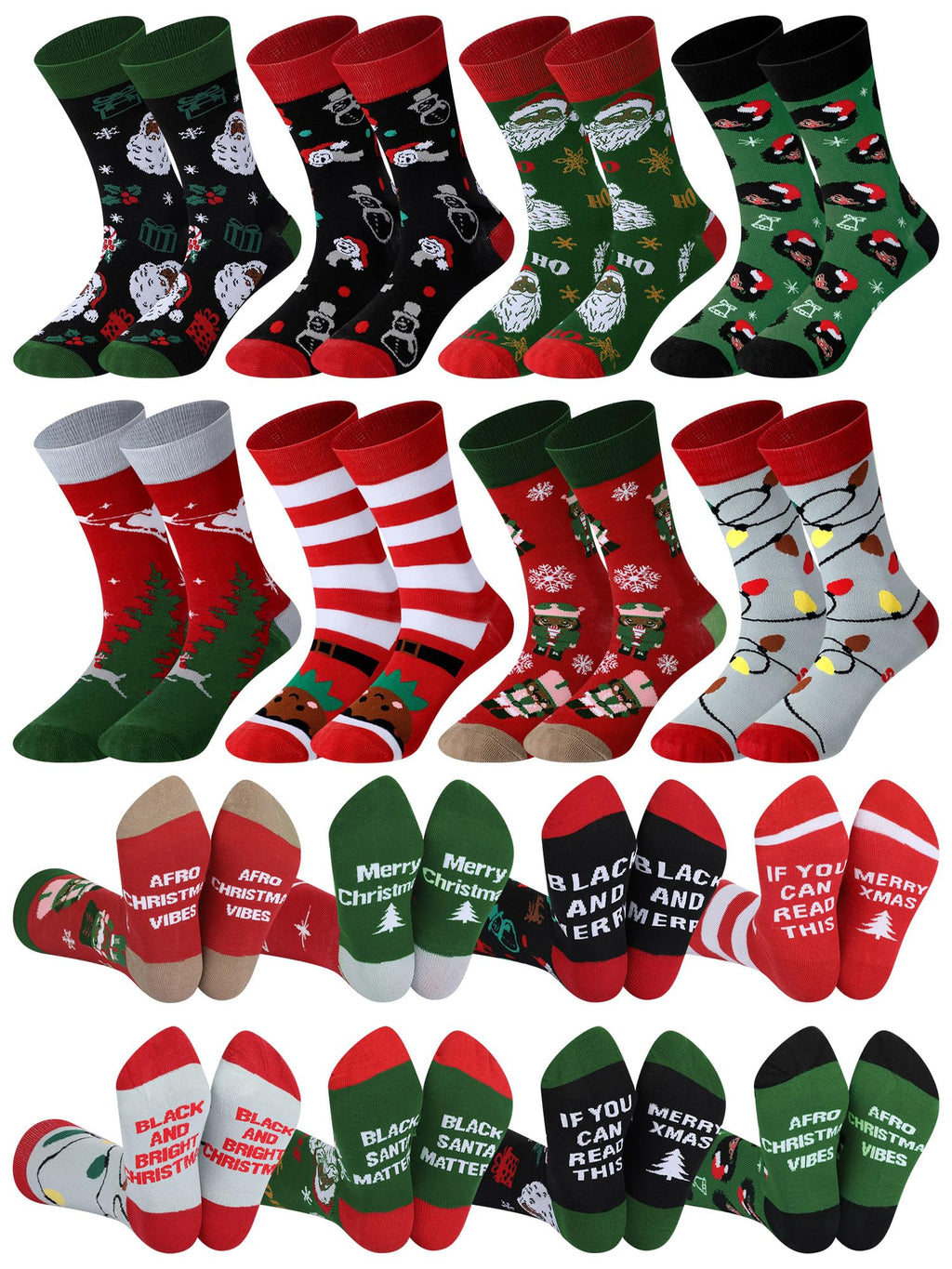 8 Pairs Novelty Black Santa Christmas Socks Funny African American Santa Crew Socks for Christmas Stocking Stuffers
