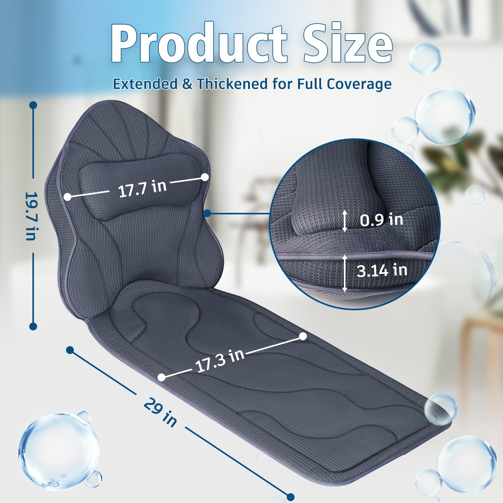 Luxury Thick Full Body Bath Pillows Mat & Cushion for Bathtub Headrest Neck Shoulder Support Comfort Relaxation Spa Accessories Perfect for a Spa Soak in Bathtub (Gray)