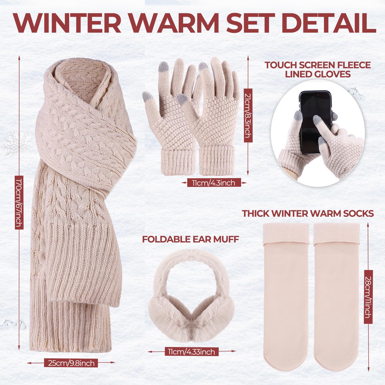 Geyoga 6 Pcs Winter Warm Set for Women Warm Beanies Hats Touchscreen Gloves Long Scarf Ear Muffs Socks Winter Gifts for Women