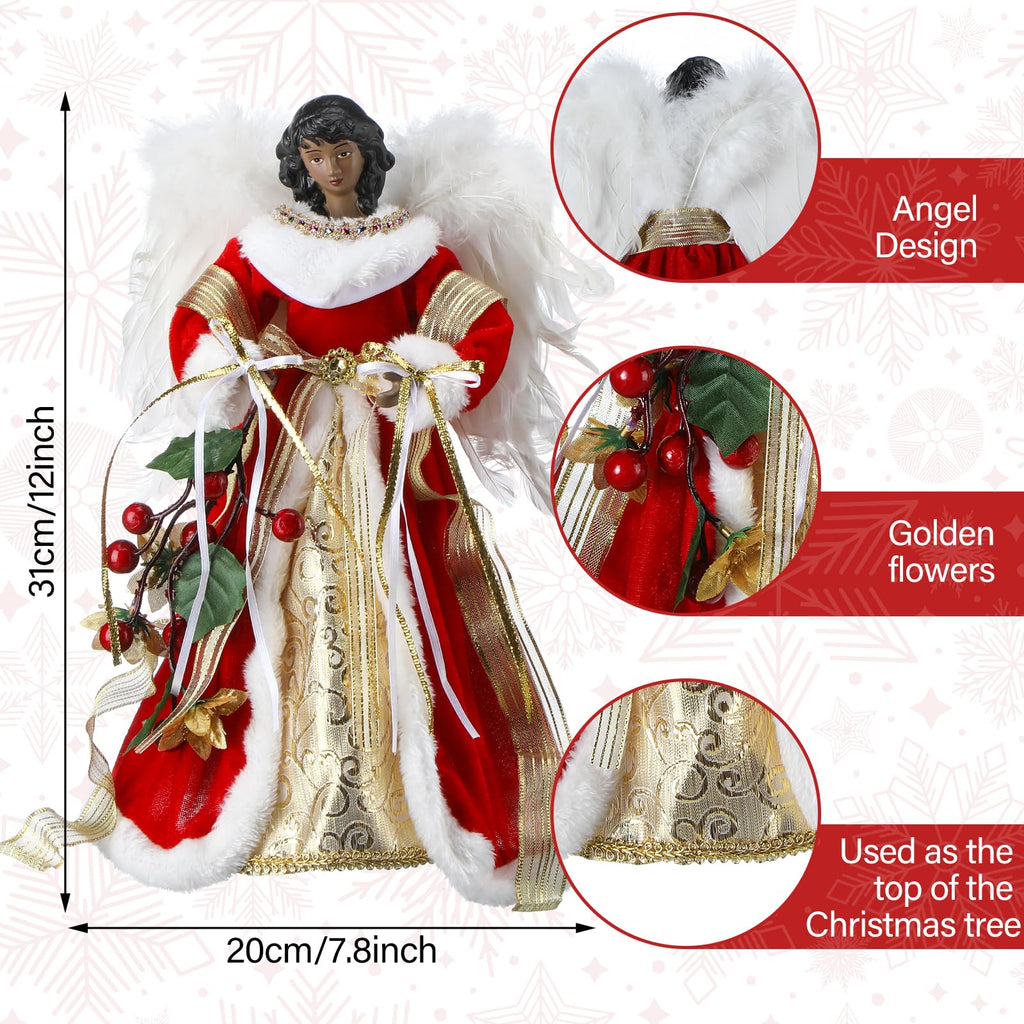 Retrowavy 12 Inch Black Angel Christmas Tree Topper Standing African American Black Angel Figurines Treetop for Decoration(Classic Style)