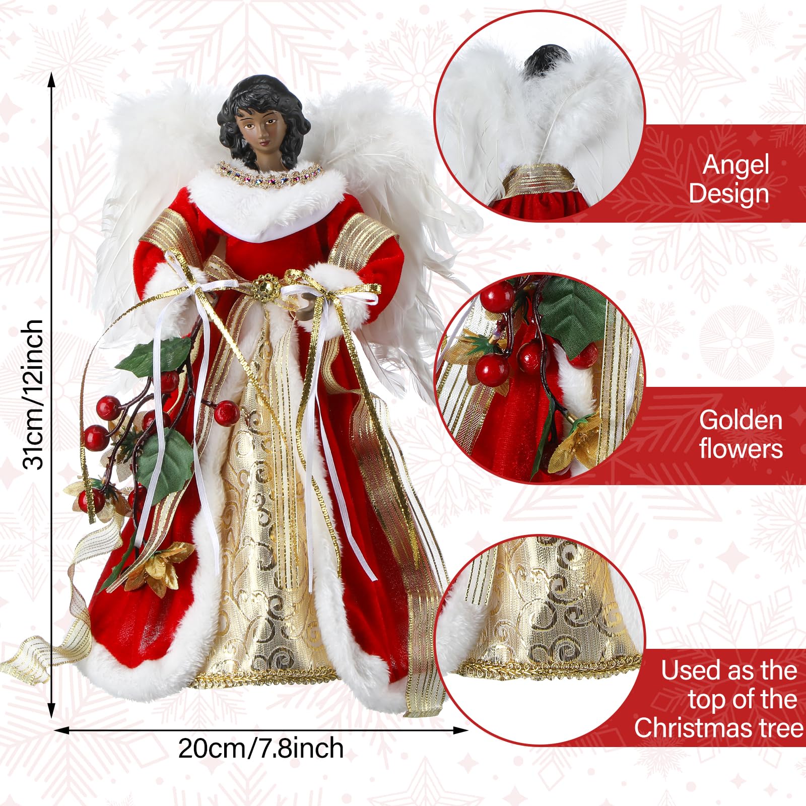 Retrowavy 12 Inch Black Angel Christmas Tree Topper Standing African American Black Angel Figurines Treetop for Decoration(Classic Style)