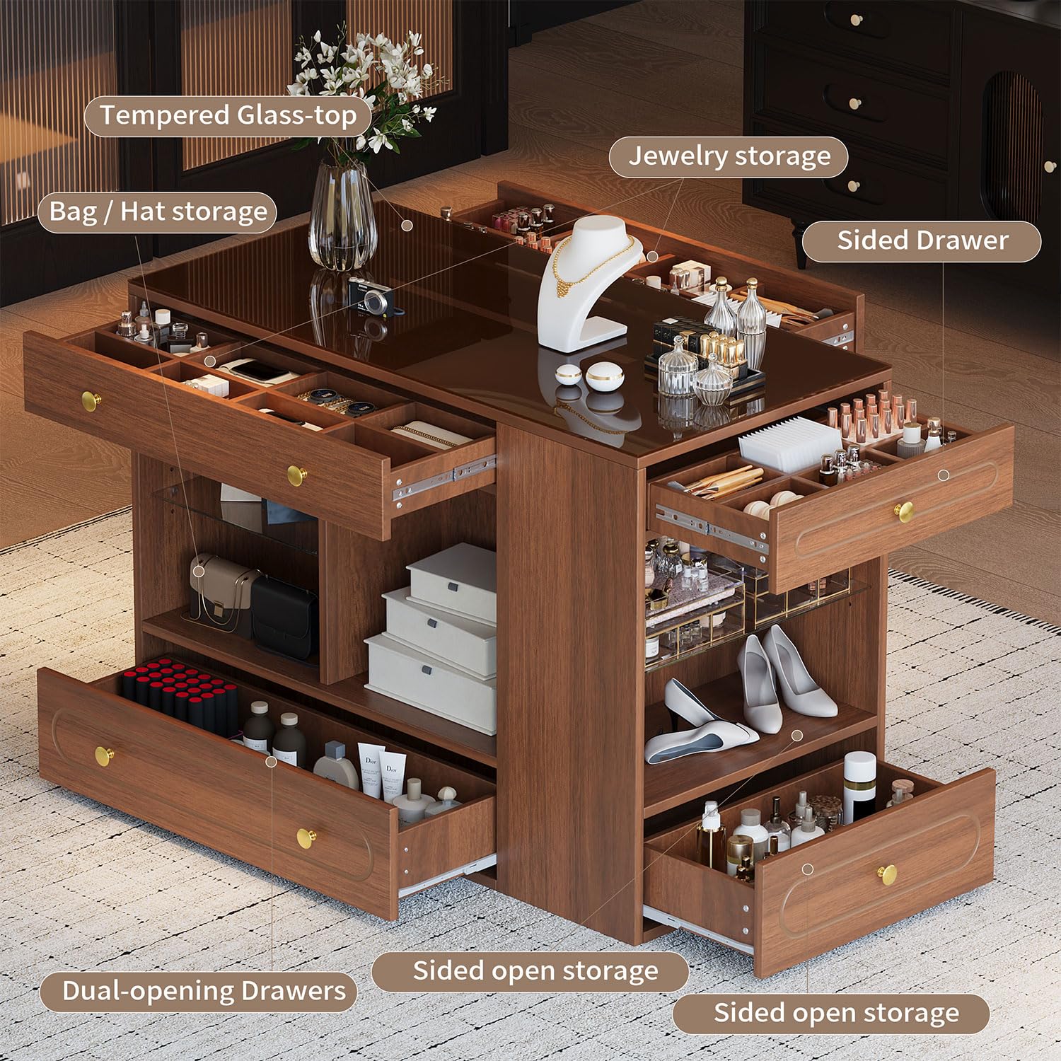 Closet Island with Glass Top and 6 Drawers, Walnut & White Bedroom Storage Island with Open Shelves, Walk-in Wardrobe Dresser Cabinet for Closet, Fitting Room, or Retail Display,White