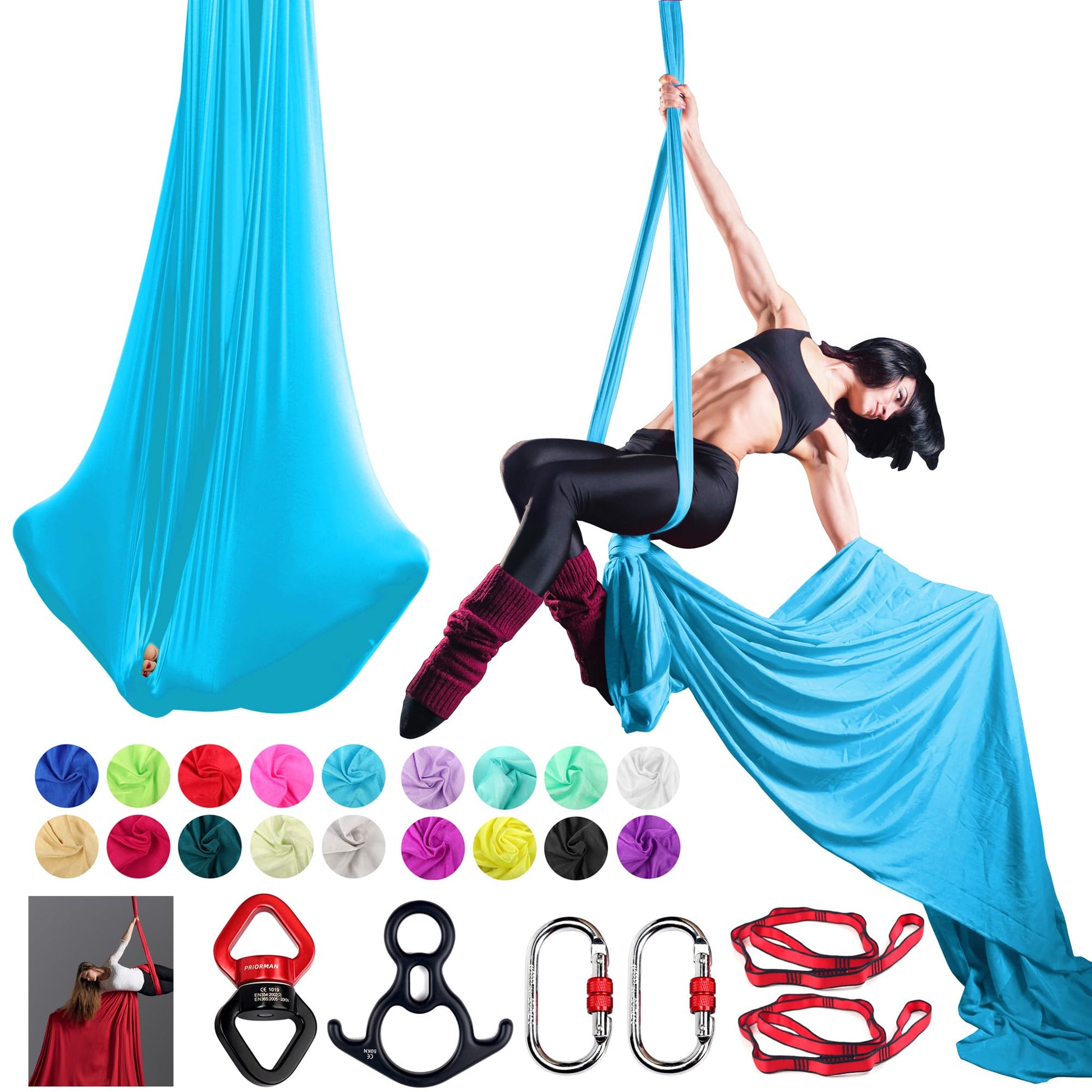Aerial Silks Set, Premium Ariel Yoga Hammock 9 Yards Aerial Silk, Low-Stretch Fabric, Yoga Starter Kit for Home, Aerial Rig for All Skill Levels - All Hardware Included