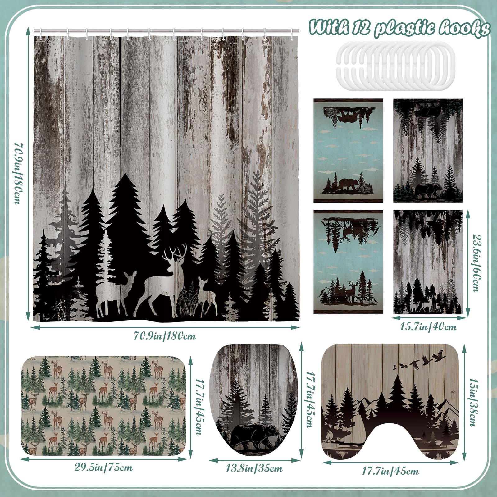 Honoson 8 Pcs Christmas Black Santa Claus Shower Curtain Set with Rugs and Kitchen Towels African American Retro Christmas Bathroom Decor Black Santa Curtain Decorations Xmas Farmhouse Gifts