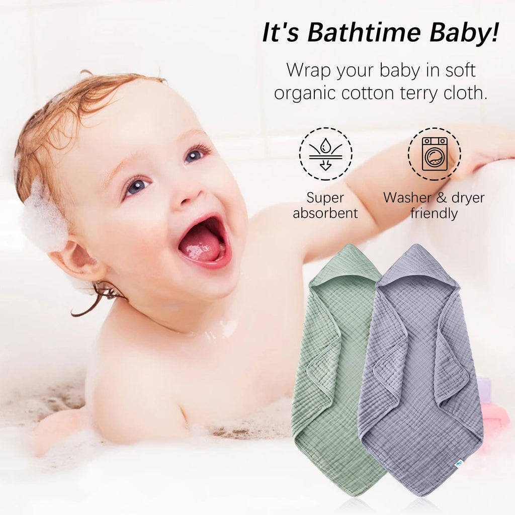 SWEET DOLPHIN Muslin Hooded Baby Bath Towels - 2 Pack 100% Cotton Towel for Babies, Infants, Toddlers - 32x32Inch - Highly Absorbent and Newborn Essential, Light Bean Paste