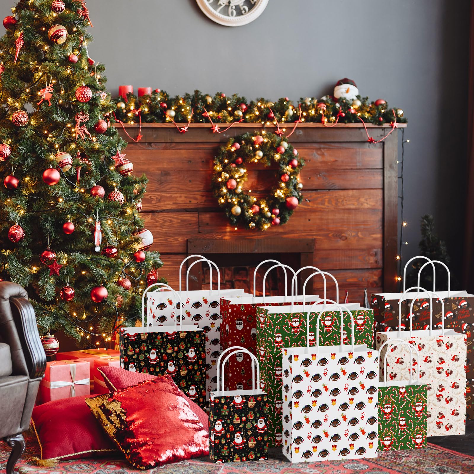 Trandraft 18 Pcs African American Christmas Kraft Gift Bags with Handles Assorted Sizes Black Santa Christmas Gift Paper Bags 6 Styles 3 Sizes Xmas for Favors Wrapping