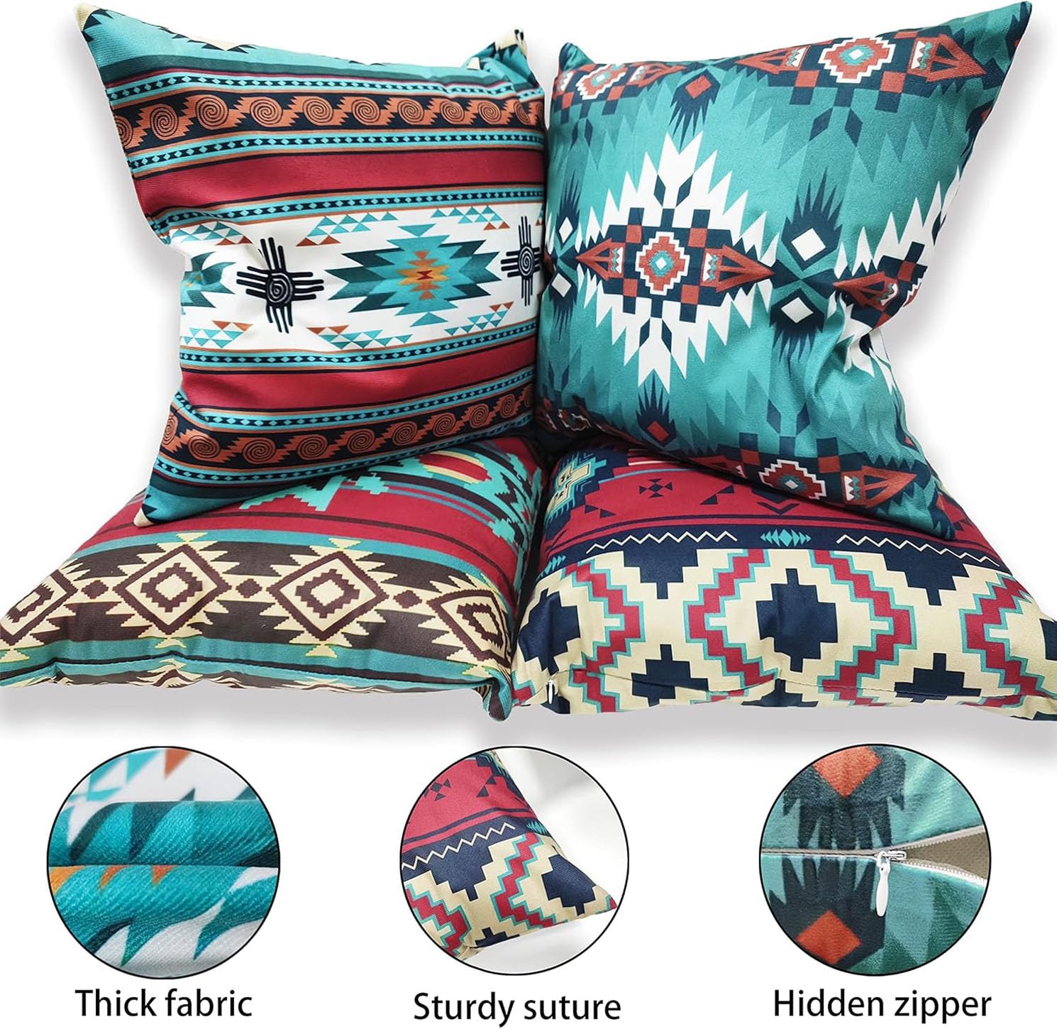 Western Native American Throw Pillow Covers 18X18 Southwestern Boho Aztec Navajo Turquoise Decorative Cushion Pillow Cases for Outdoor Home Decor Set of 4, Double Side Print (African Mudcloth)