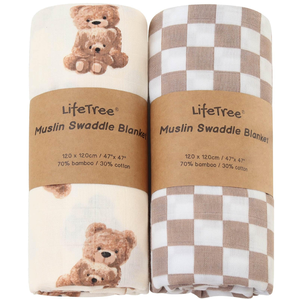 LifeTree Muslin Swaddle Blankets, Baby Swaddling Wrap Nursery Blanket Unisex, Soft 70% Viscose from Bamboo and 30% Cotton, Large 47 x 47 inches, Bear & Checkered Swaddle Blanket