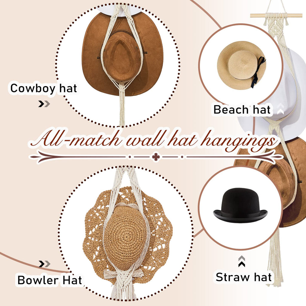 Yulejo Macrame Hat Hangers Boho Hat Rack for Wall Western Cowboy Hanging Organizer for Door Wall Room Bedroom