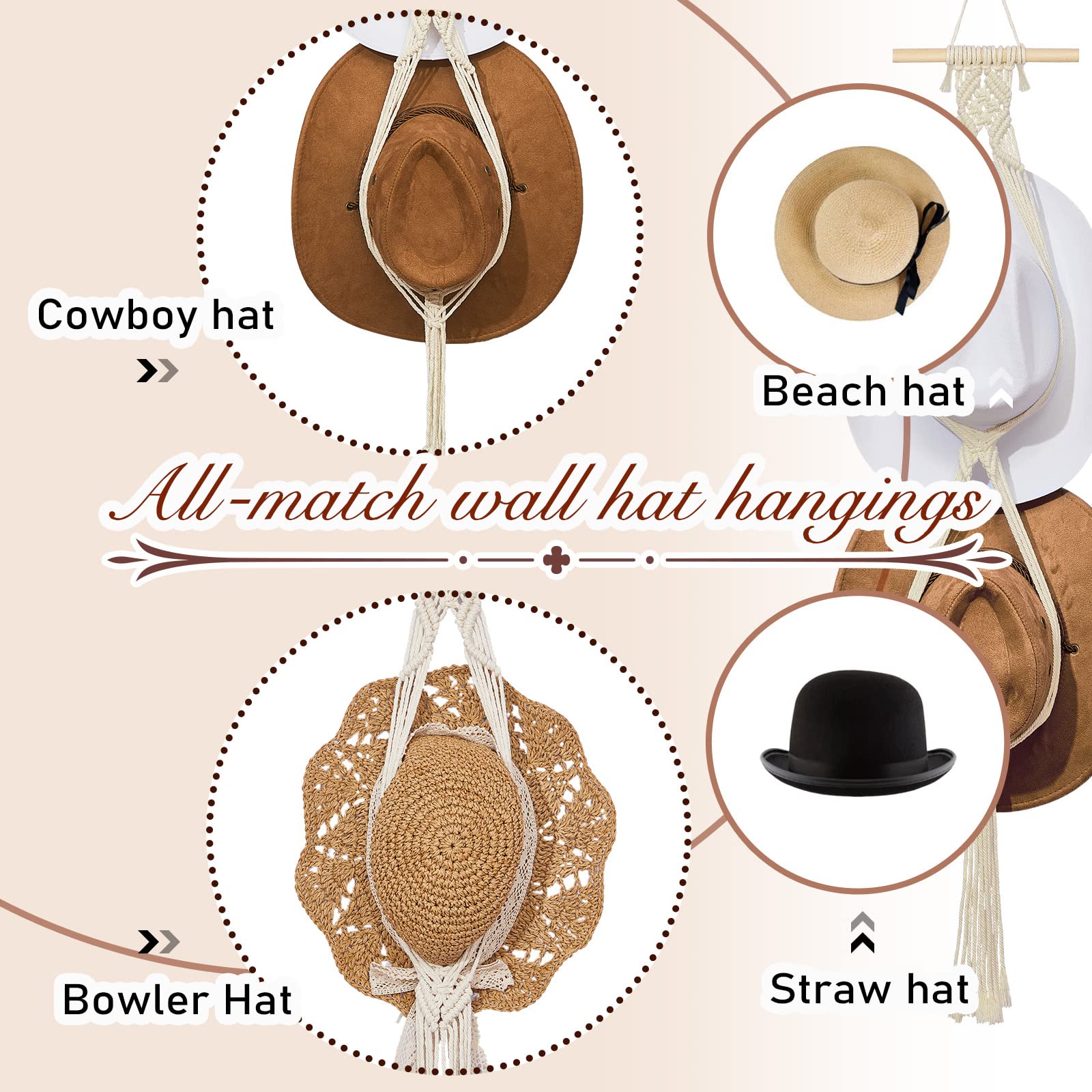 Yulejo Macrame Hat Hangers Boho Hat Rack for Wall Western Cowboy Hanging Organizer for Door Wall Room Bedroom