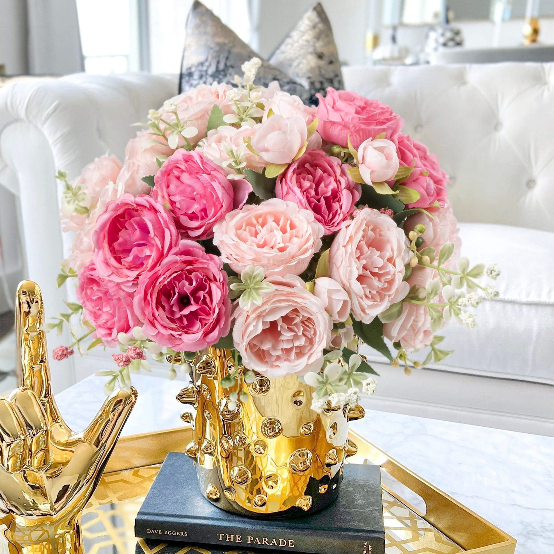 4 Bundles Artificial Peonies Silk Flowers, White Faux Peony Bouquet Florals Arrangements Decor for Farmhouse Home Boho Wedding Table Centerpiece, Fake Plastic Flowers Bulk Vase Decoration (White)