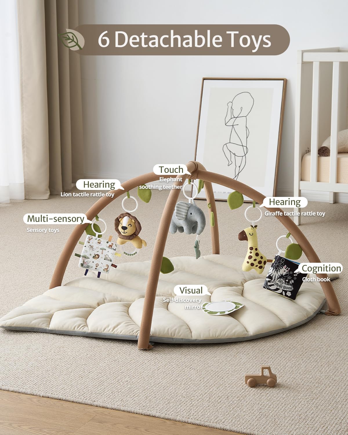 Blissful Diary Baby Play Gym & Activity Mat, Oversize Leaf Shaped Baby Play Mat w 6 Detachable Toys, Tummy Time Mat Promote Motor Skills & Sensory Development Mat, Newborn Infant Baby Essentials Gift