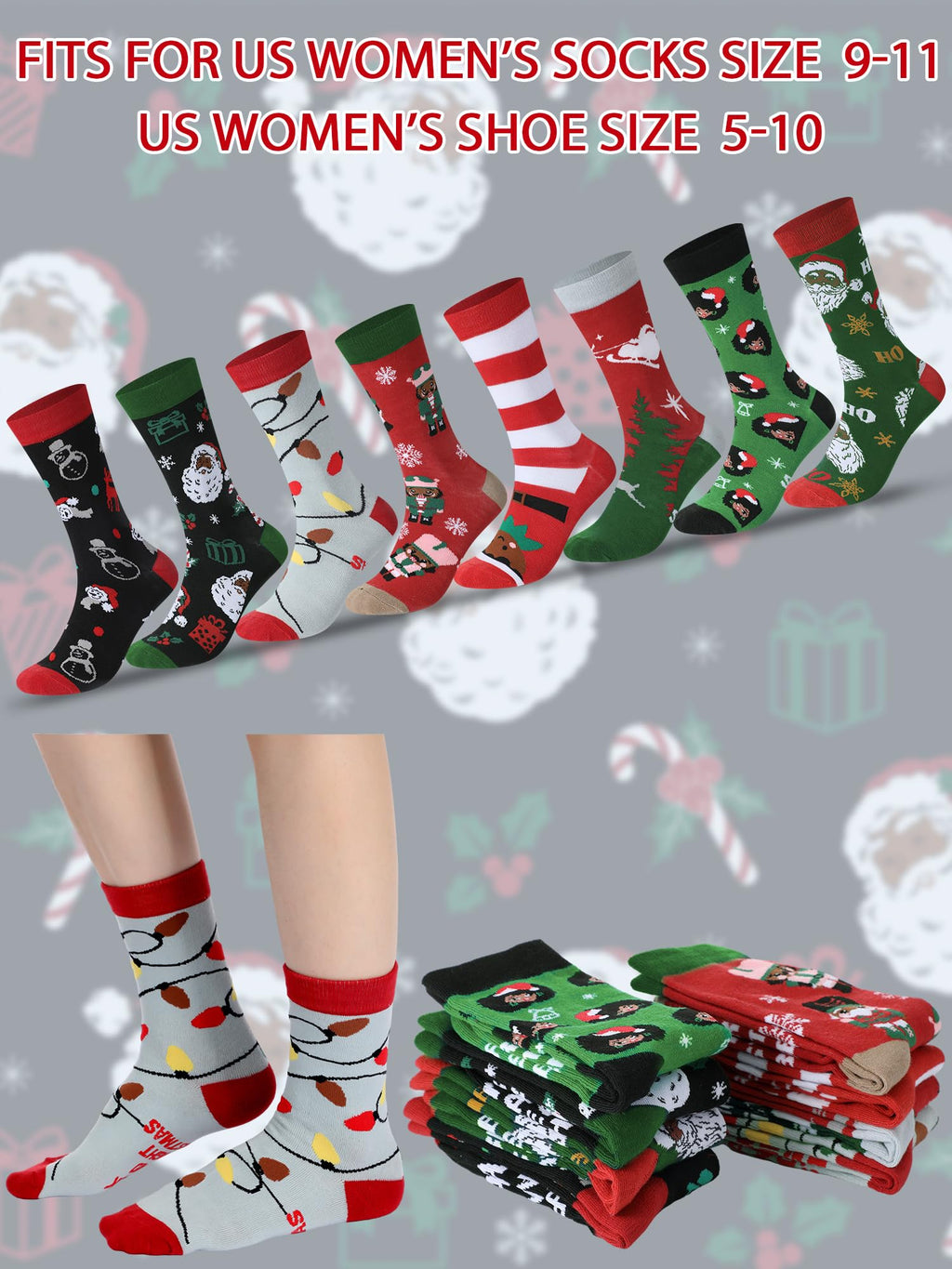 8 Pairs Novelty Black Santa Christmas Socks Funny African American Santa Crew Socks for Christmas Stocking Stuffers