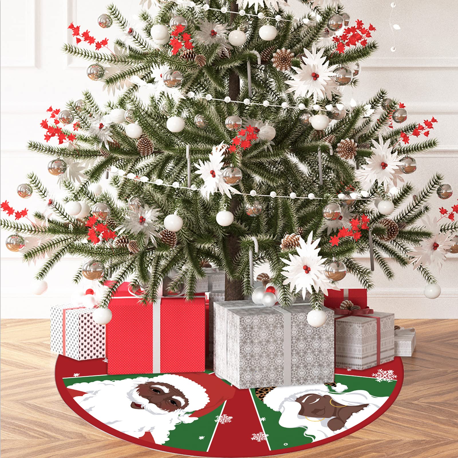 Christmas Tree Skirt Black Snowflake Black Santa African American Santa Tree Skirt 48inch Xmas Winter Tree Skirt for Christmas Indoor Outdoor Decorations