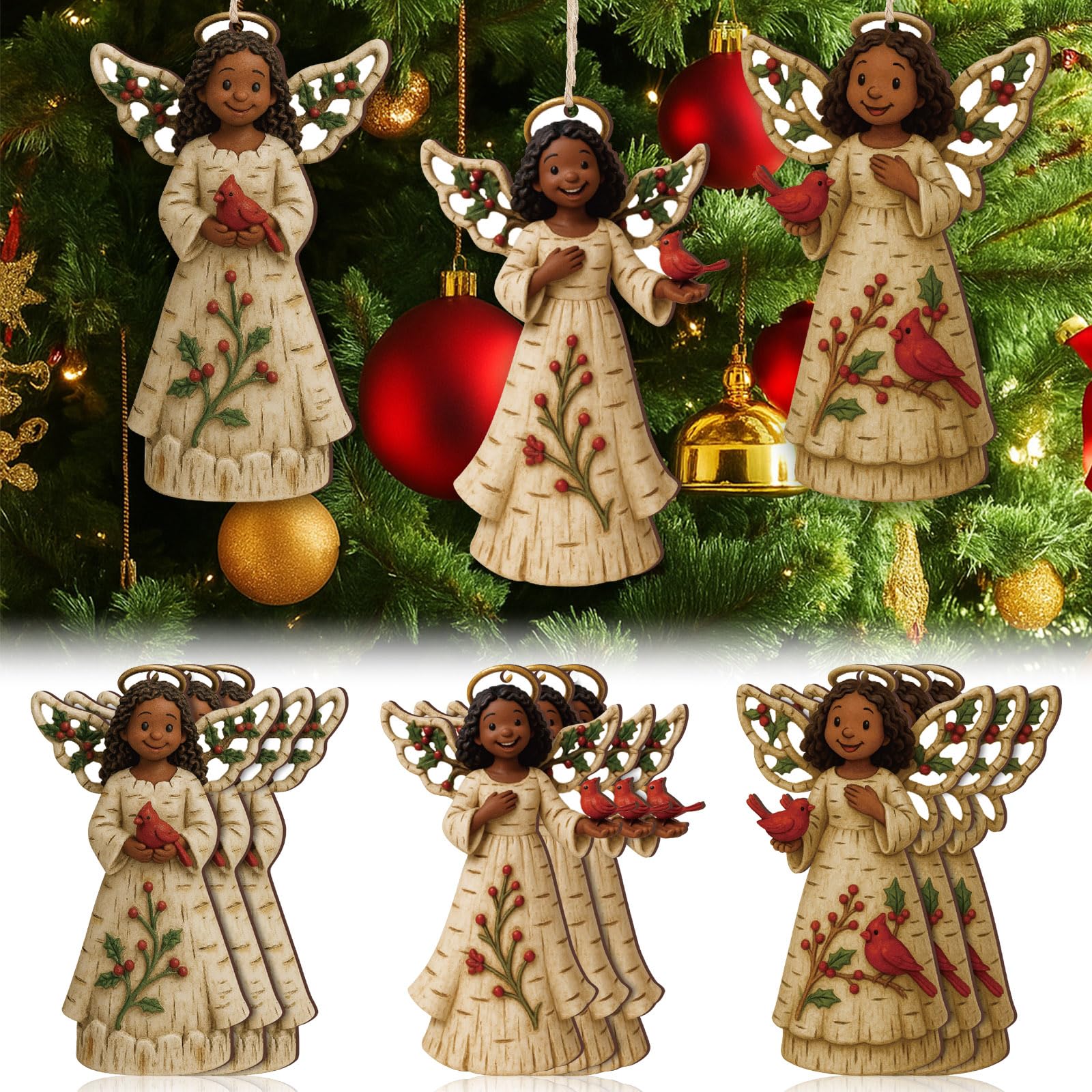 Youyole 24 Pcs Christmas Decoration African American Angel Ornaments with Cardinal Black Angel Ornaments Xmas Wooden Decor Gift for Christmas Tree Fireplace Office Holiday Decor (Wings)