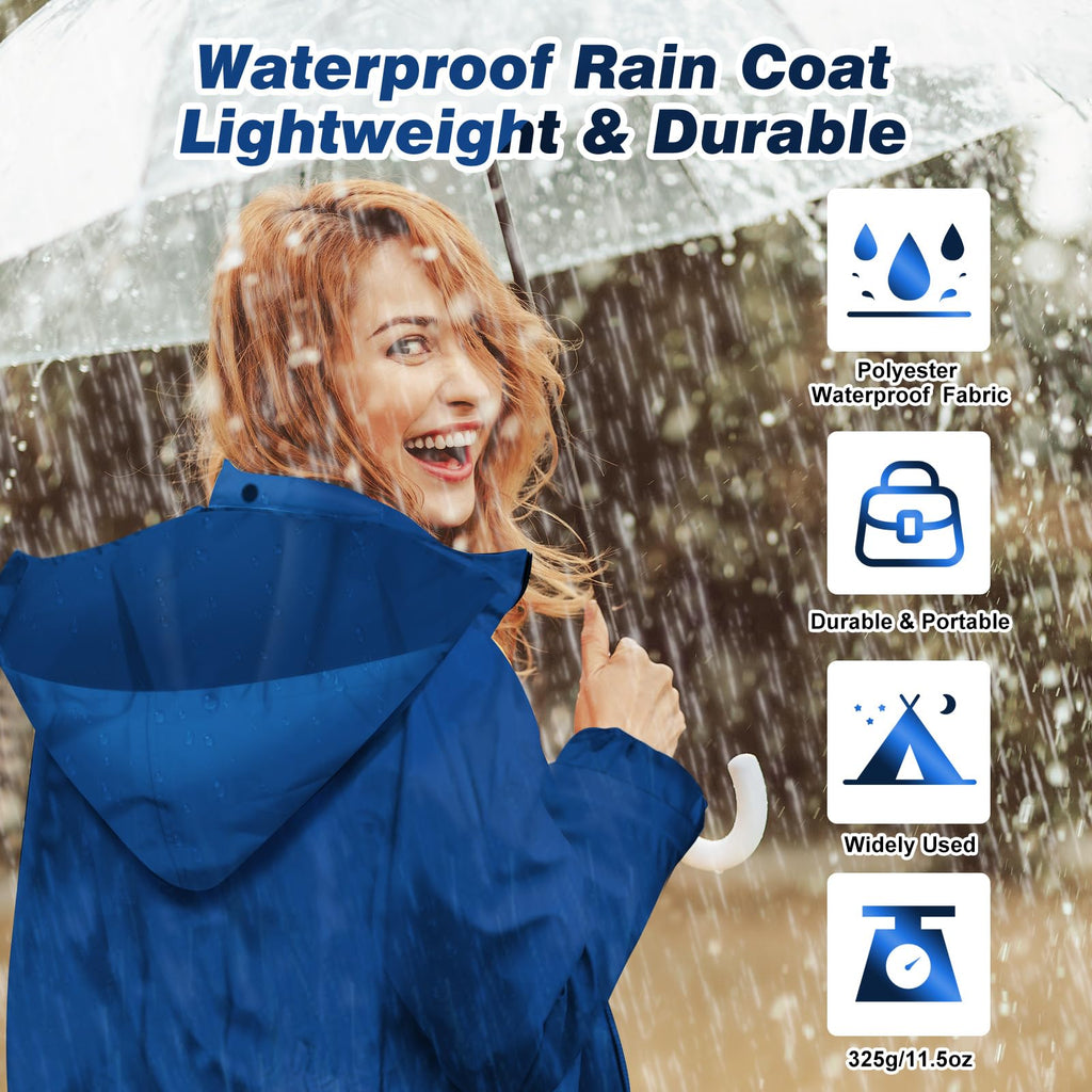 LAMA Womens Long Raincoats Rain Jacket Waterproof Packable Hooded Windbreaker Lightweight Adjustable Waist for Outdoor