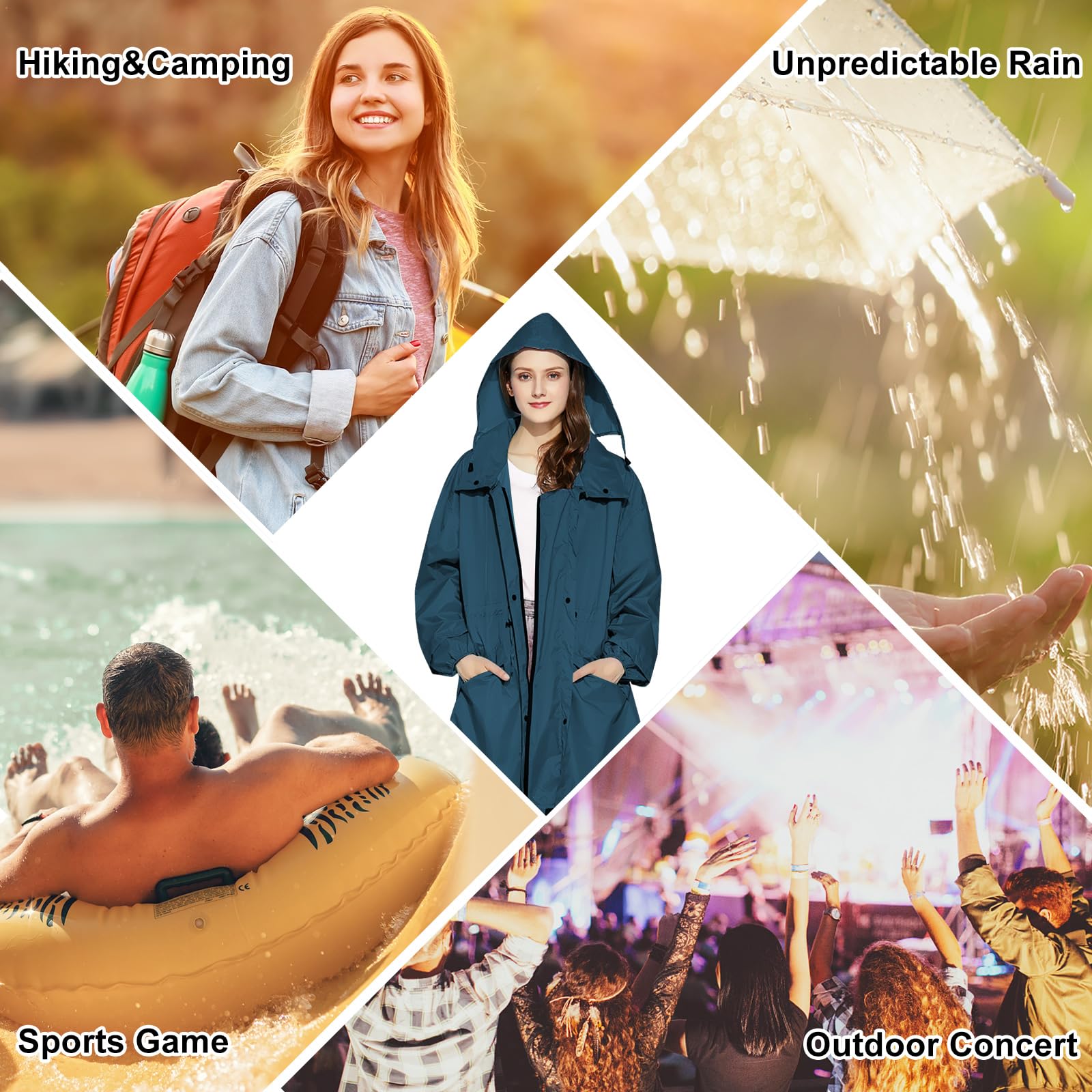 LAMA Womens Long Raincoats Rain Jacket Waterproof Packable Hooded Windbreaker Lightweight Adjustable Waist for Outdoor