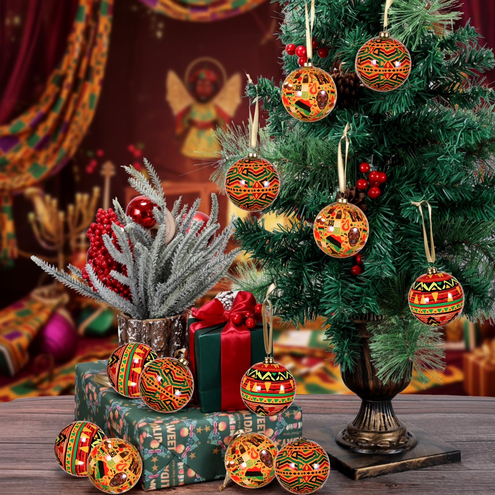 18 Pack Kente African Black Christmas Tree Balls Ornaments 2.76in Hanging Kwanzaa Ball Decorations Set Traditional African Print for Christmas Tree Kwanzaa Decor