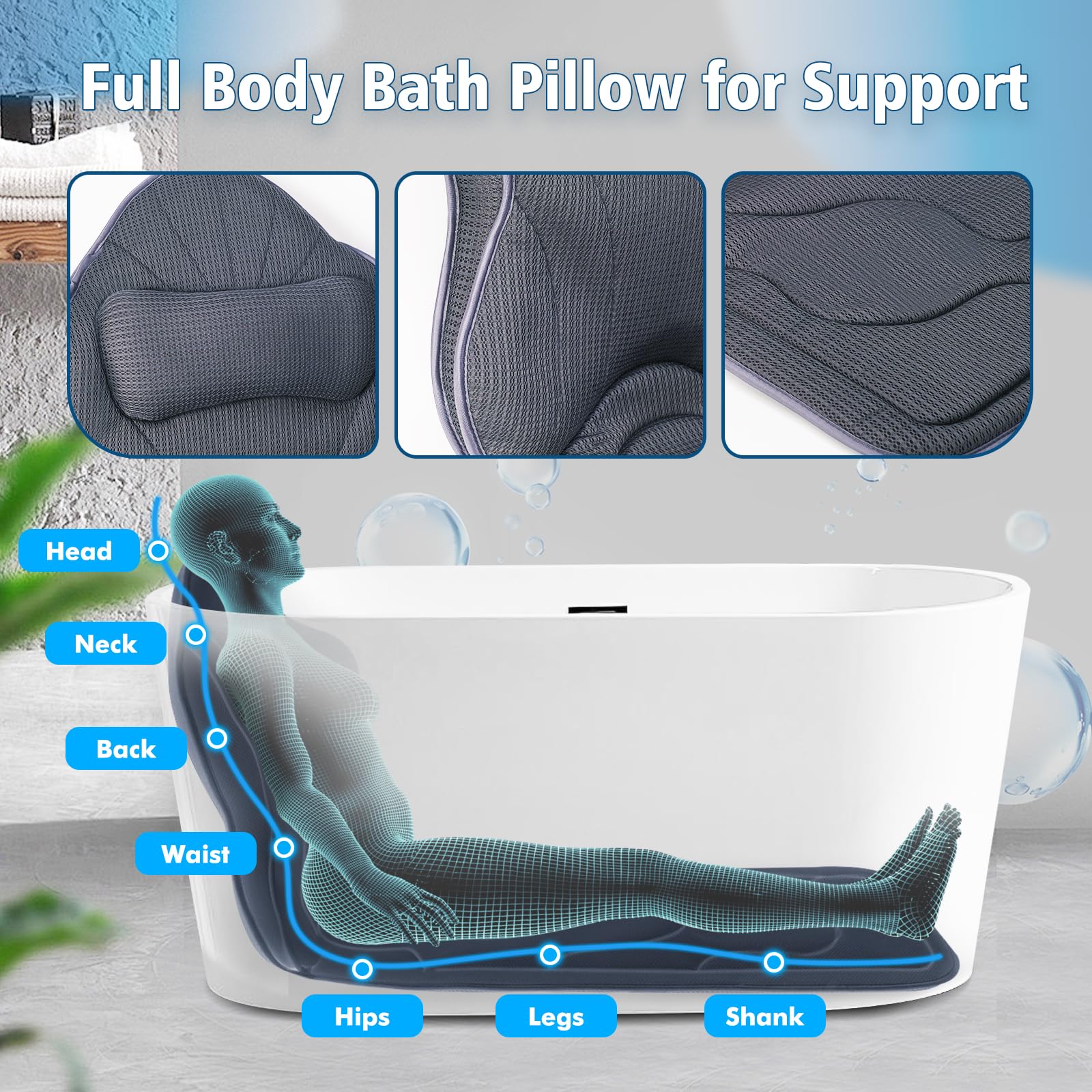 Luxury Thick Full Body Bath Pillows Mat & Cushion for Bathtub Headrest Neck Shoulder Support Comfort Relaxation Spa Accessories Perfect for a Spa Soak in Bathtub (Gray)