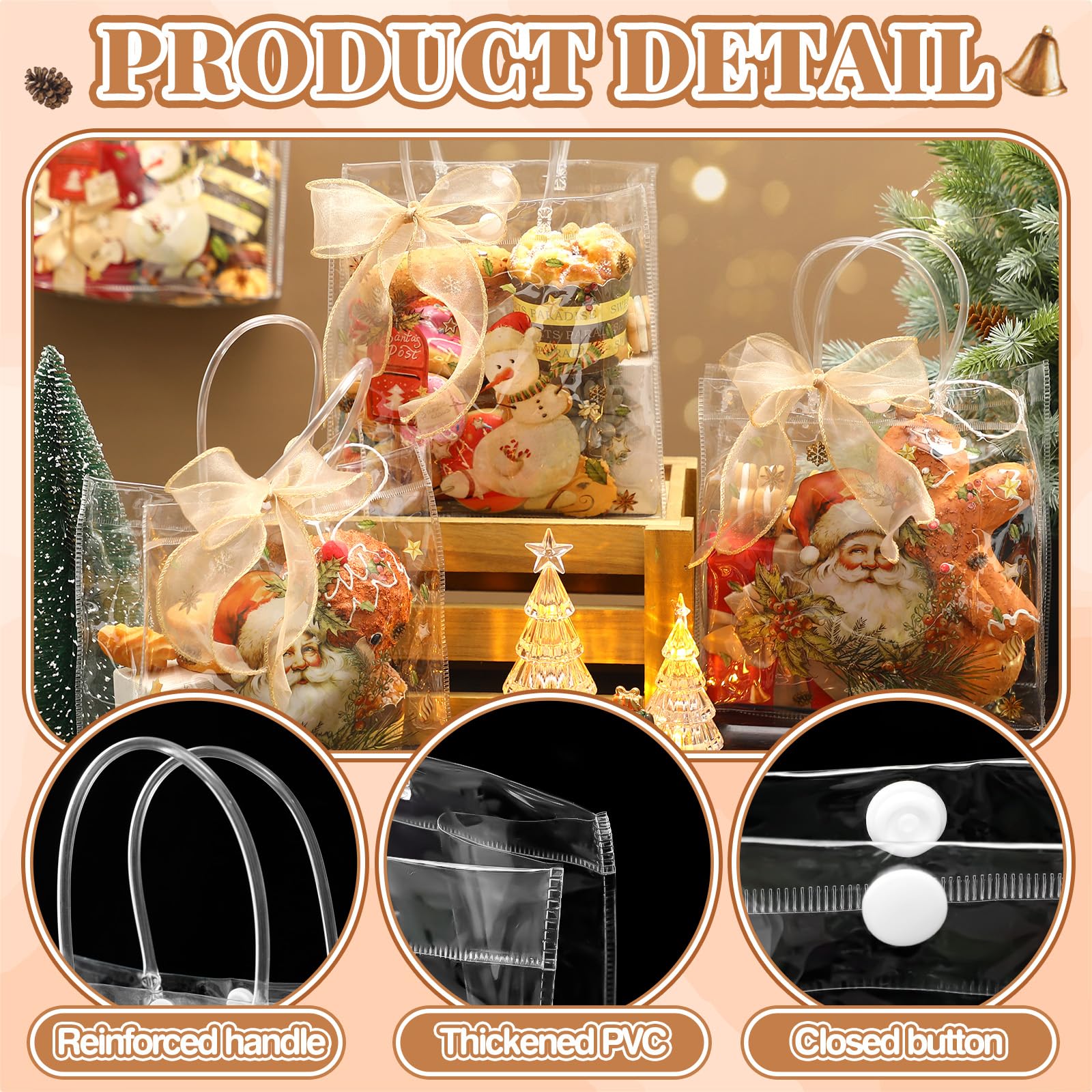 Motipuns 24 Pcs Christmas Clear PVC Gift Bags with Handles and Ribbon African American Black Santa Claus Party Favor Reusable Plastic Candy Treat Tote Bags for Merry New year Xmas Birthday Supplies