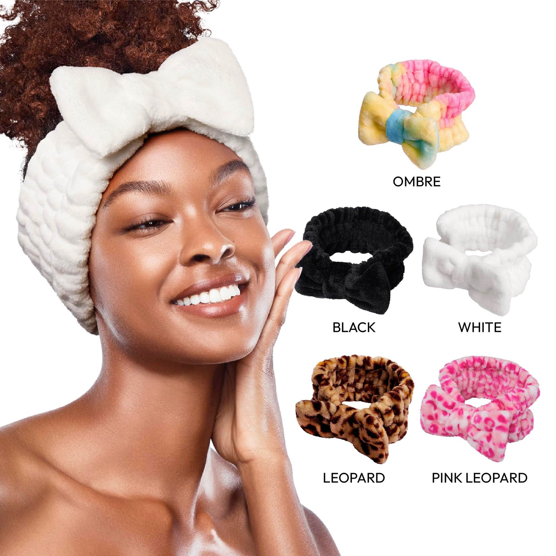 Red by Kiss Spa Headband for Washing Face Facial Makeup Bow Head Band Soft Plush Fleece Stretchy Head Wraps for Women Shower Bath Washing Face Mask (WHITE)