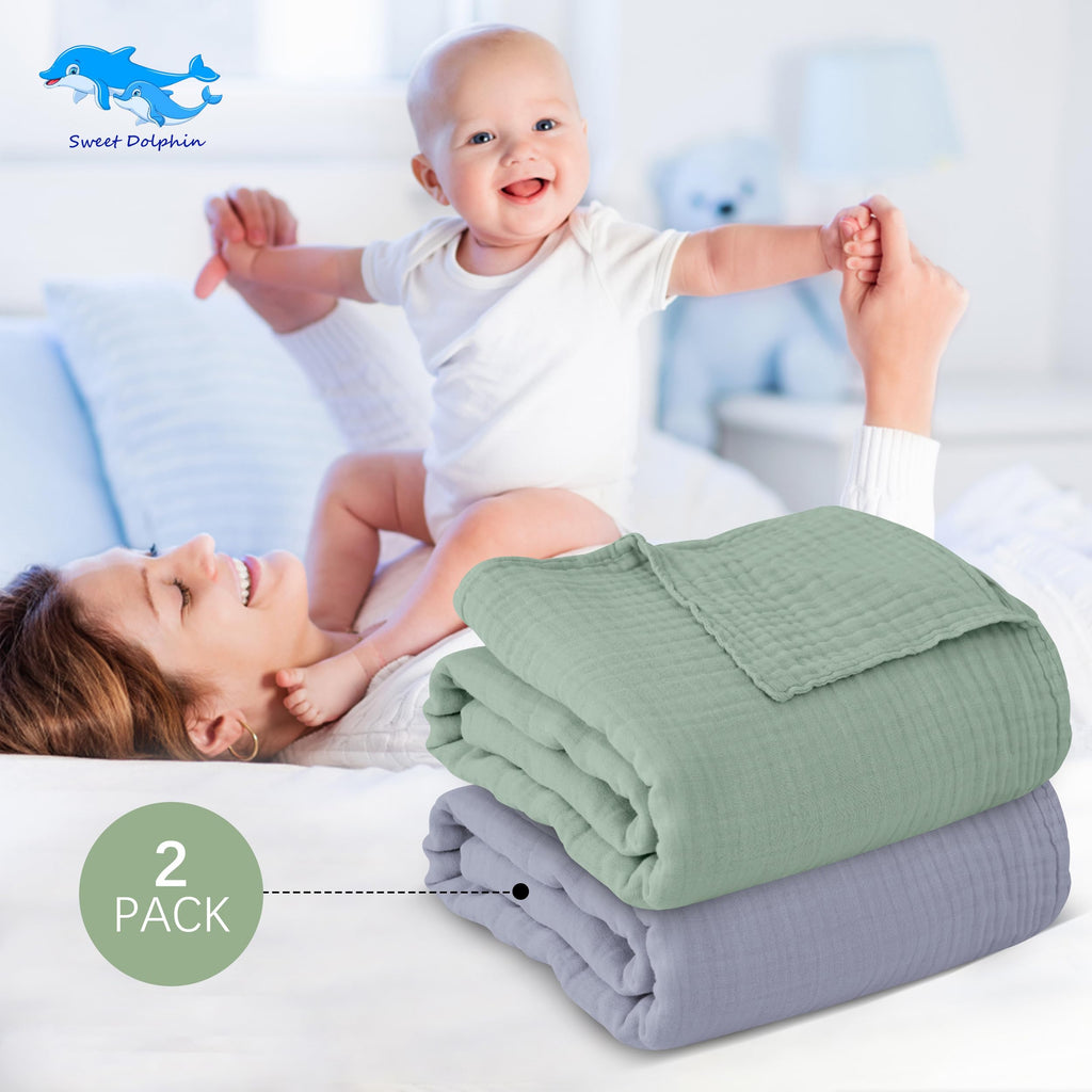 SWEET DOLPHIN Muslin Hooded Baby Bath Towels - 2 Pack 100% Cotton Towel for Babies, Infants, Toddlers - 32x32Inch - Highly Absorbent and Newborn Essential, Light Bean Paste