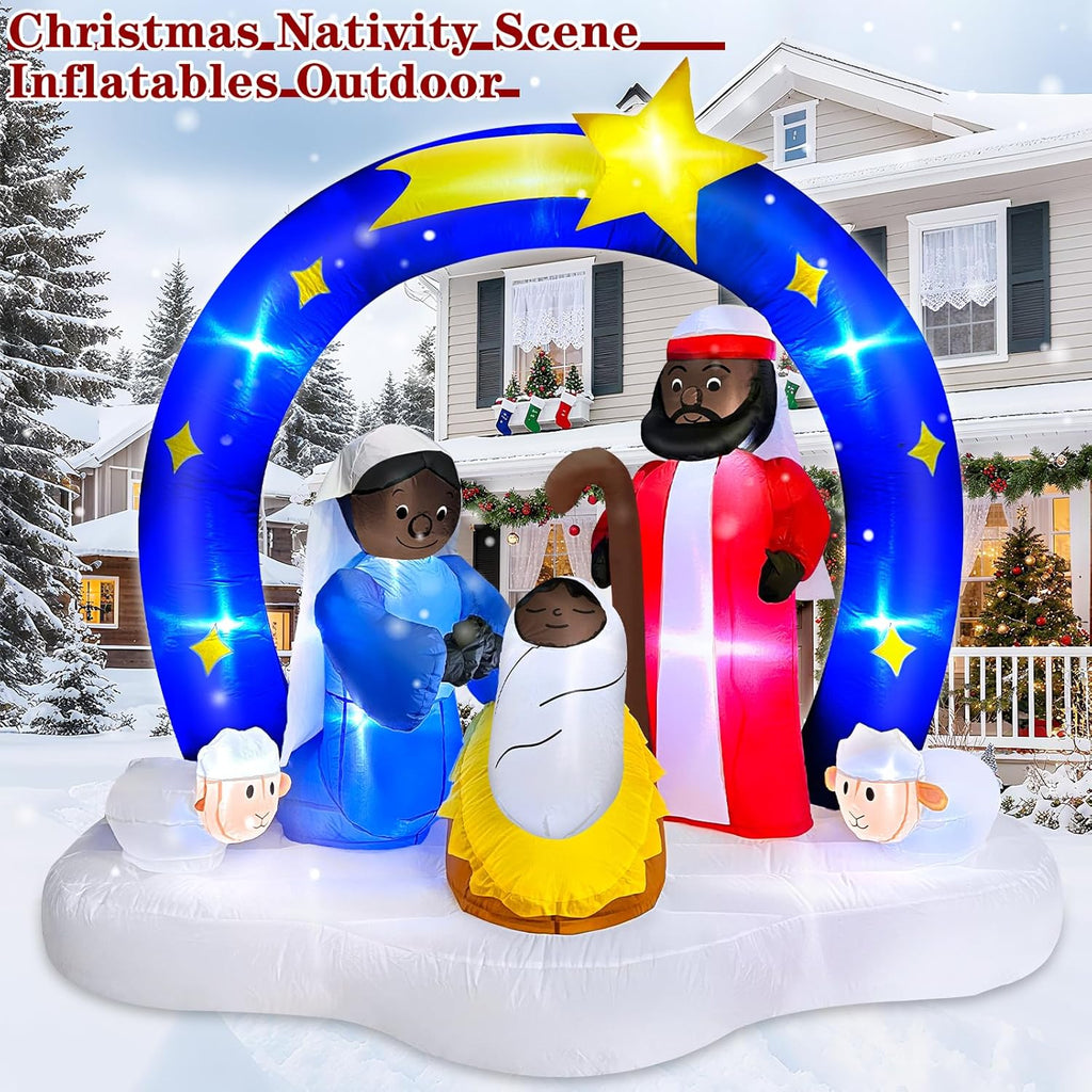7 FT Long 6 Ft Tall African American Christmas Inflatable Black Nativity Set Built-in LED Lights The Birth of Jesus Scene with Star of Bethlehem Archway Blow up for Yard Garden Xmas Holiday Decor