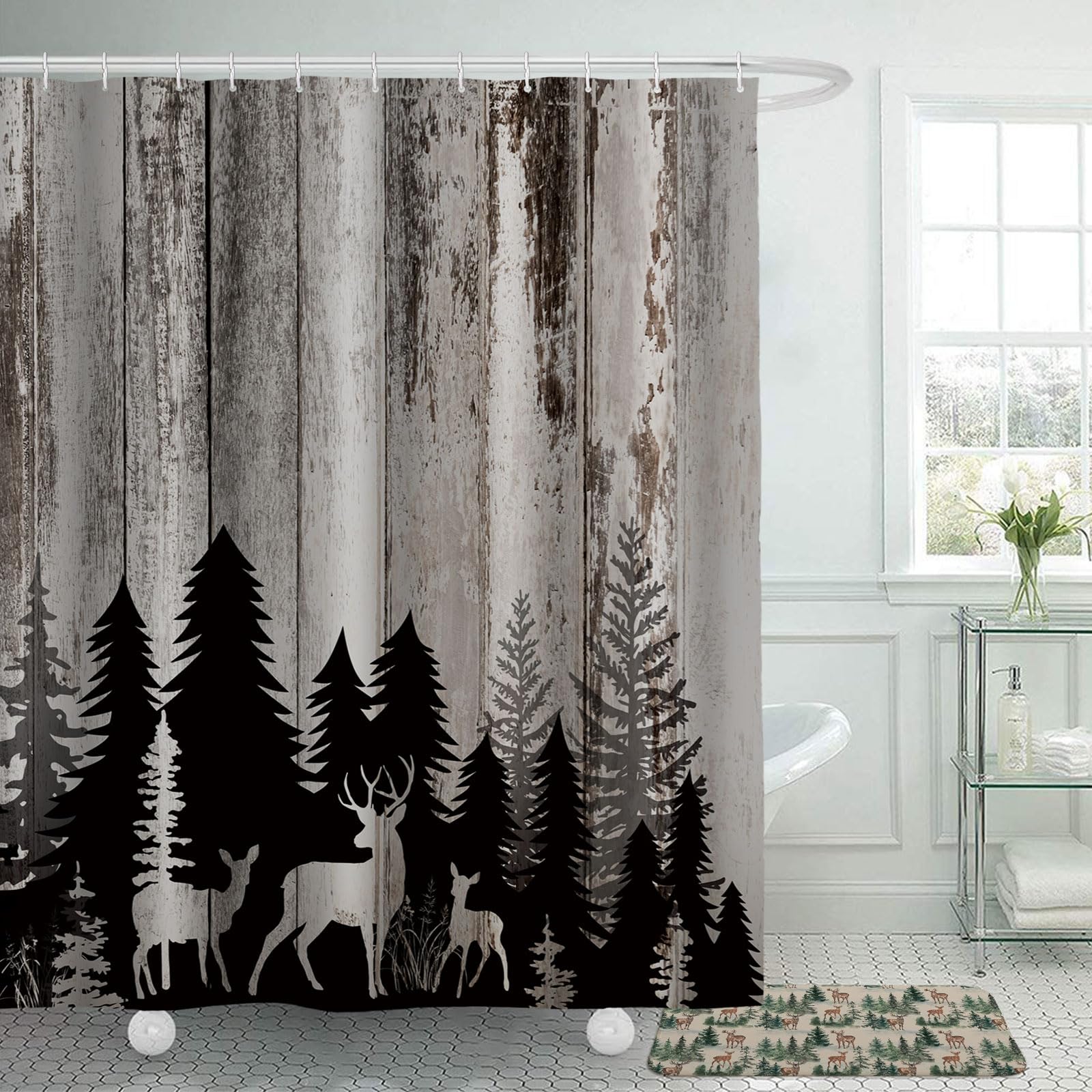 Honoson 8 Pcs Christmas Black Santa Claus Shower Curtain Set with Rugs and Kitchen Towels African American Retro Christmas Bathroom Decor Black Santa Curtain Decorations Xmas Farmhouse Gifts