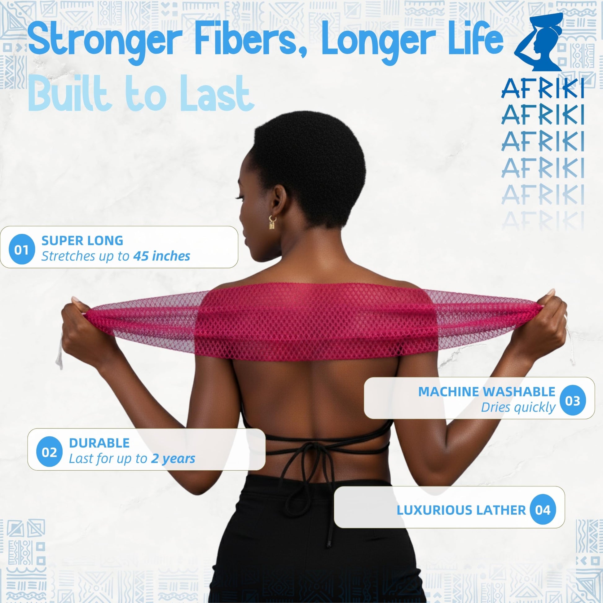AFRIKI African Net Sponge – Exfoliating Body Scrubber, Black Owned & Rooted in Africa, All Skin Types | 45 in Long