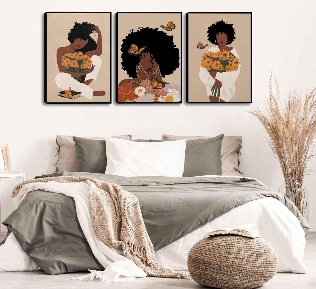 WSTUKVV 3Pcs Black Girl Bathroom Wall Art Boho Black Woman Posters Pictures African American Canvas Prints Fashion Abstract Paintings For Bathroom Home Bedroom Living Room Wall Decor Frame