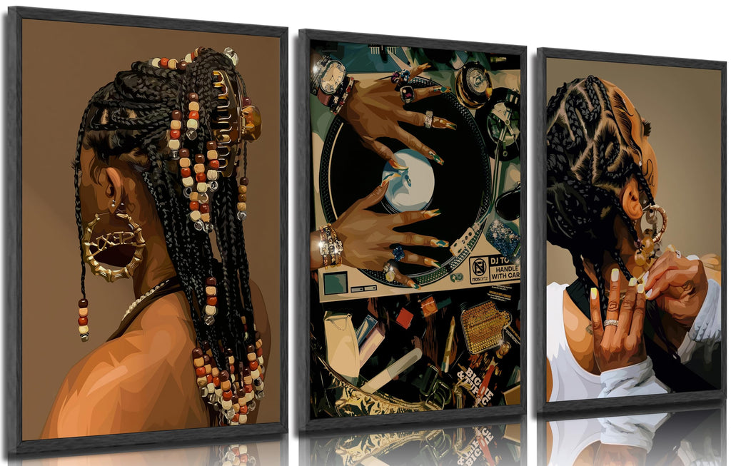 3Pcs Black Woman Canvas Wall art Boho Fashion Black Girl Painting Picture Wall Decor Abstract African American Poster Print Artwork for Living Room Bedroom Office Home Decoration,16x24in Canvas