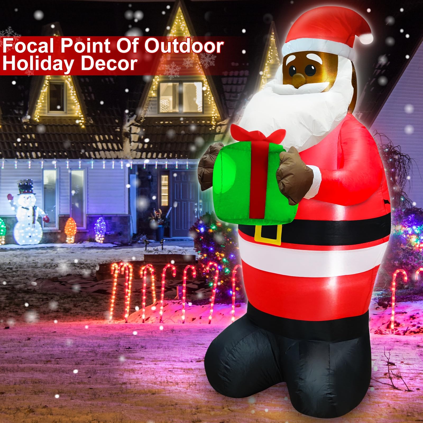 TURNMEON 6Ft Black Santa Claus Inflatables Christmas Decorations Outdoor African American Hold Gift Box LED Lights Blow Up Yard Decorations for Holiday Xmas Decor Outside Lawn Yard Garden Party