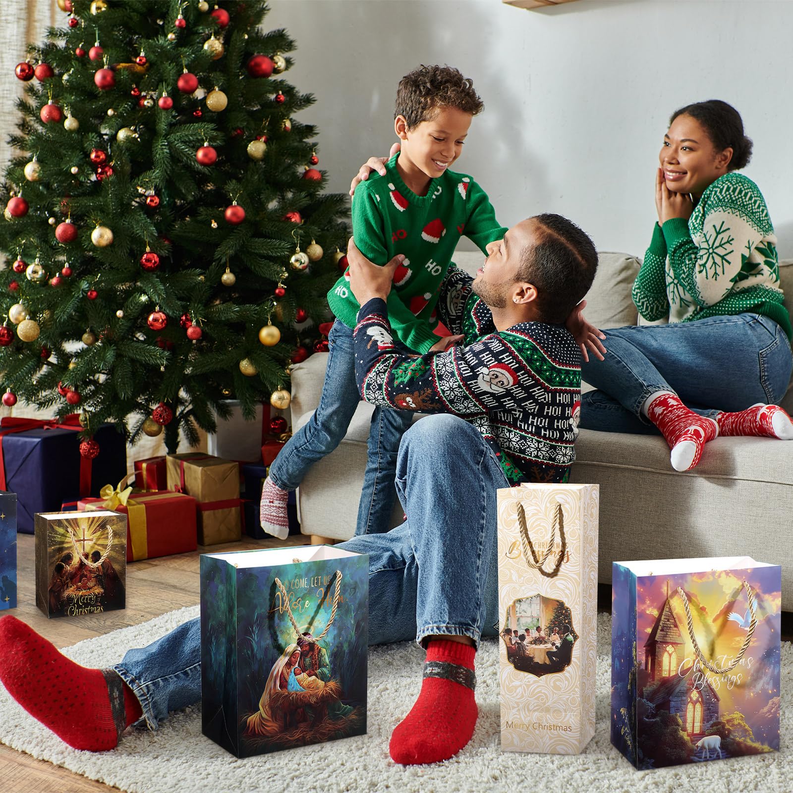 Kolldenn 24 Pack African American Religious Christmas Gift Bags Assorted Size Black Jesus Nativity Scene Paper Goodie Treat Wrapping Bags with Handle for Xmas Holiday Party Favors