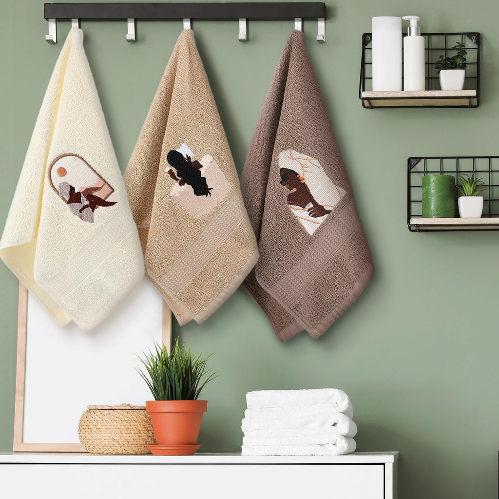 3 Pcs African Woman Hand Towels Black Girl African American Bathroom Home Decor Boho Decorative Farmhouse 100% Cotton Embroidered Towels for Bathroom Kitchen 13. 3 x 29. 5''