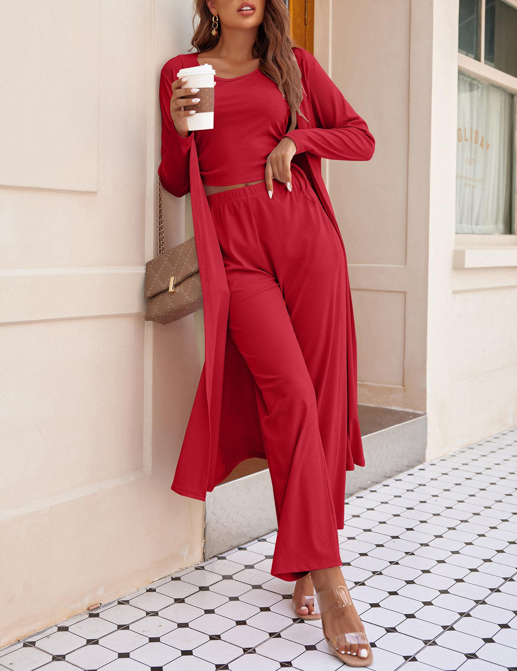 Ekouaer Women's 3 Piece Knit Lounge Set Pajama Long Sleeve Cardigan Sleeveless Top Pants Sweatsuit S-XXL